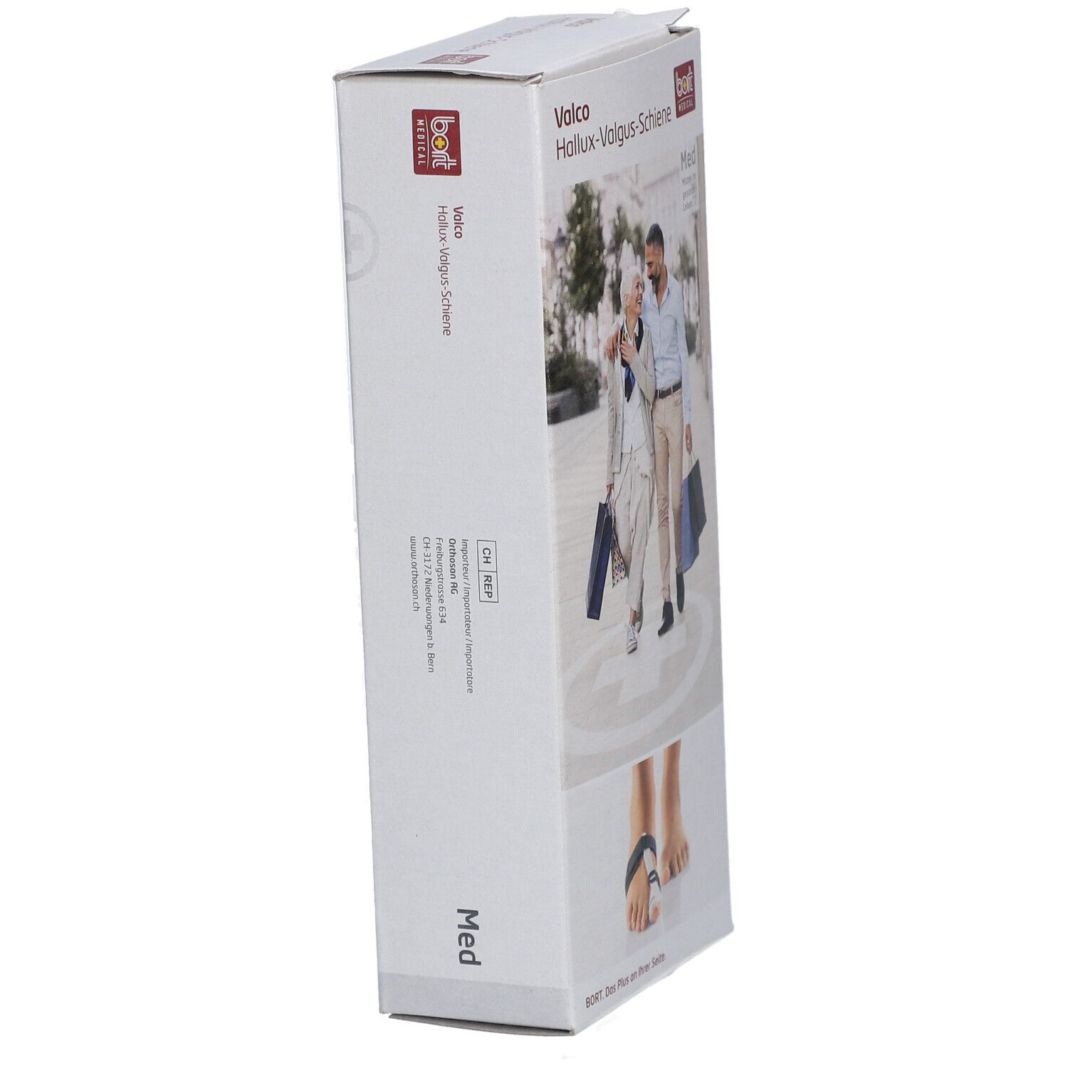 Seitenansicht der BORT Valco Hallux-Valgus-Schiene Verpackung. Aufdruck: Valco, Hallux-Valgus-Schiene, Med, BORT. Text und Illustrationen.