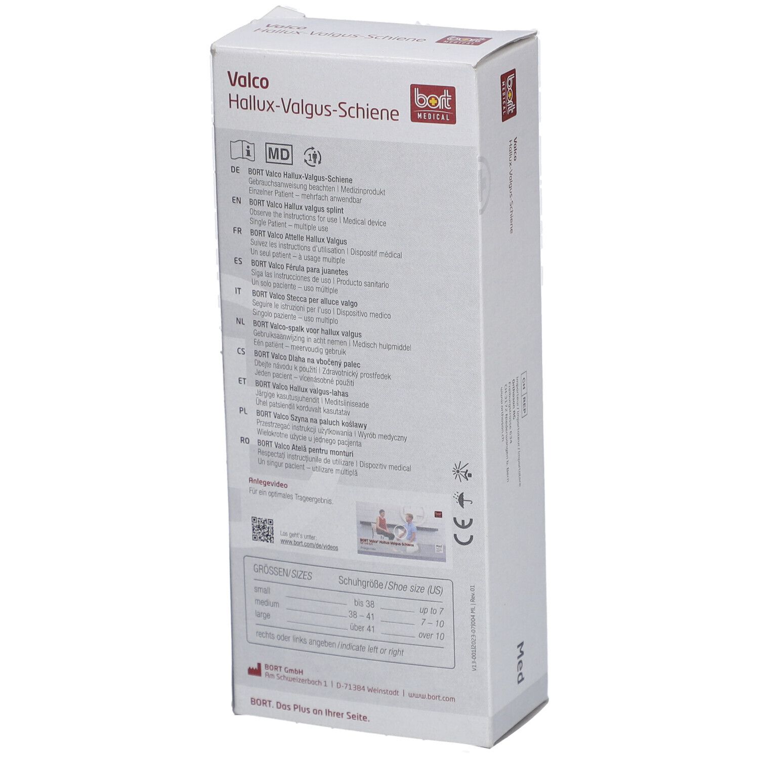 Rückseite der BORT Valco Hallux-Valgus-Schiene Verpackung. Text in verschiedenen Sprachen. Größenangaben und Herstellerinformationen.