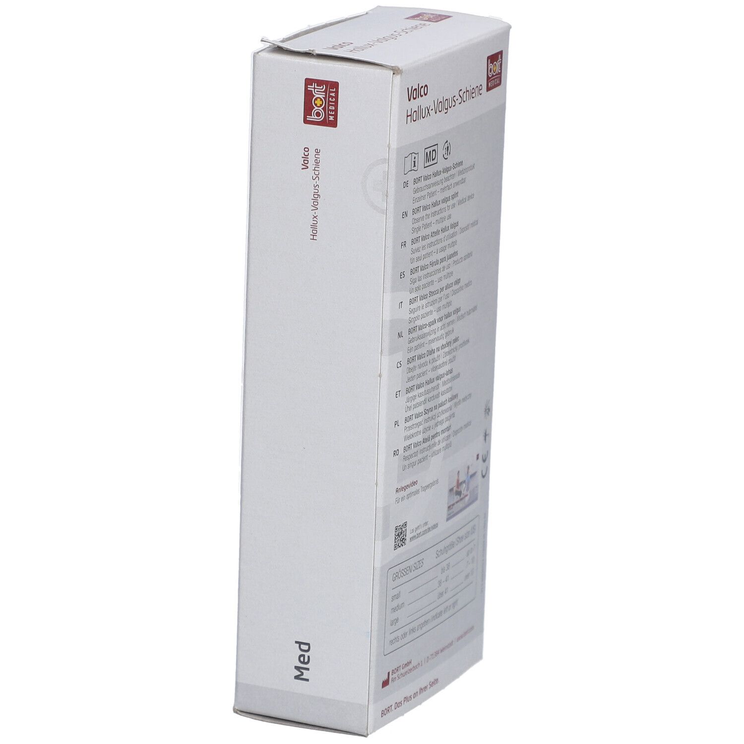 Seitenansicht der BORT Valco Hallux-Valgus-Schiene Verpackung. Aufdruck: Valco, Hallux-Valgus-Schiene, Med, BORT. Text und Illustrationen.