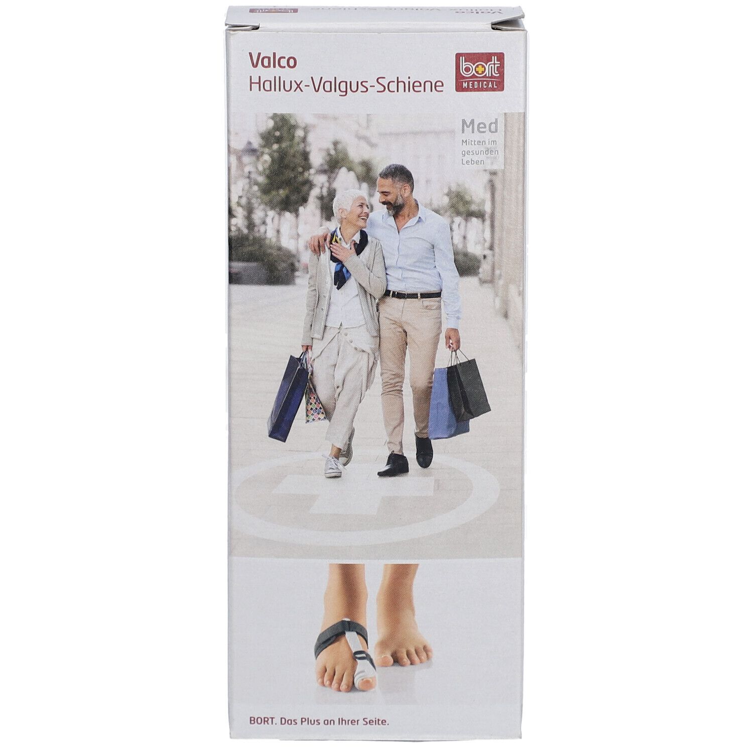 Vorderansicht der BORT Valco Hallux-Valgus-Schiene Verpackung. Aufdruck: Valco, Hallux-Valgus-Schiene, Med, BORT. Abbildung: Fuß mit Schiene.