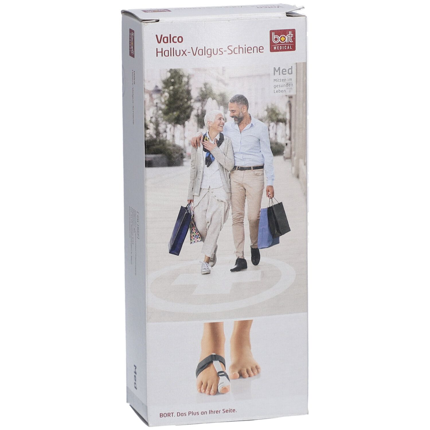 Vorderansicht der BORT Valco Hallux-Valgus-Schiene Verpackung. Aufdruck: Valco, Hallux-Valgus-Schiene, Med, BORT. Abbildung: Fuß mit Schiene.