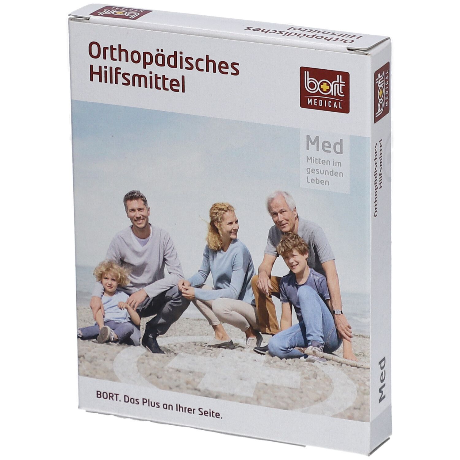 Verpackung mit "Orthopädisches Hilfsmittel". BORT MEDICAL Logo. Familie am Strand.