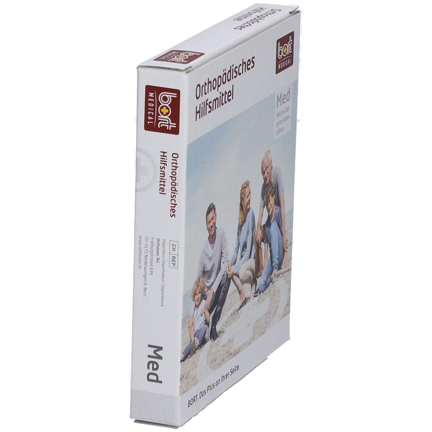 Verpackung "Orthopädisches Hilfsmittel". BORT MEDICAL Logo. Seitenansicht.