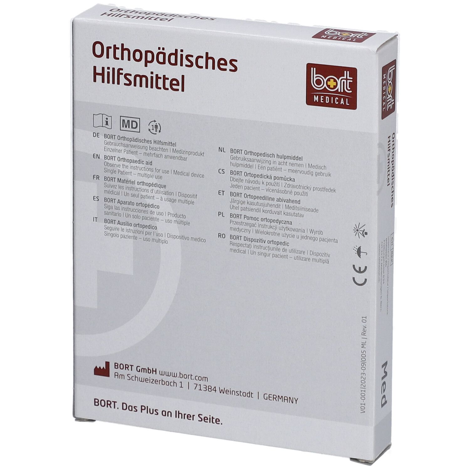 Verpackung "Orthopädisches Hilfsmittel". BORT MEDICAL Logo. Text in mehreren Sprachen.