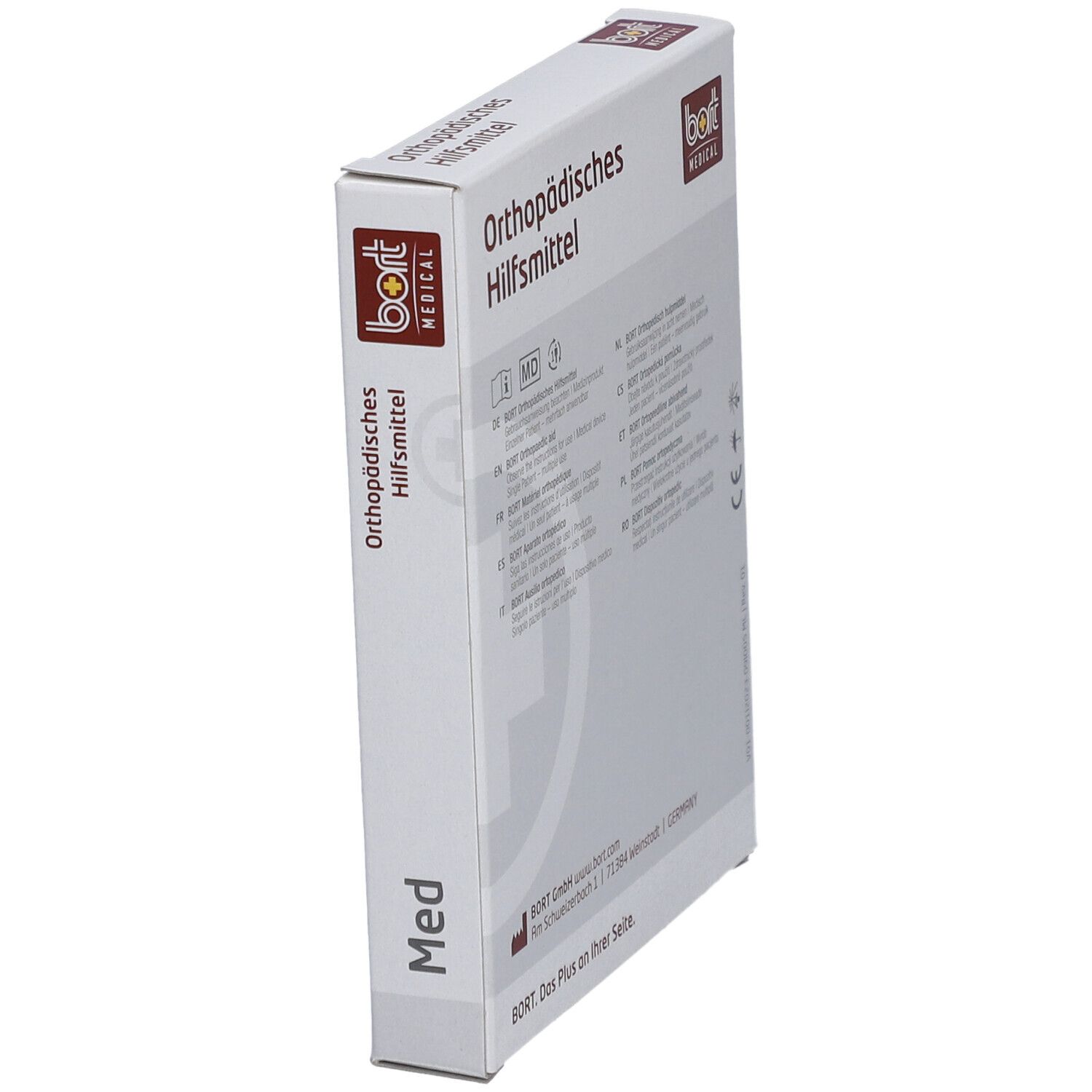 Verpackung "Orthopädisches Hilfsmittel". BORT MEDICAL Logo. Seitenansicht.