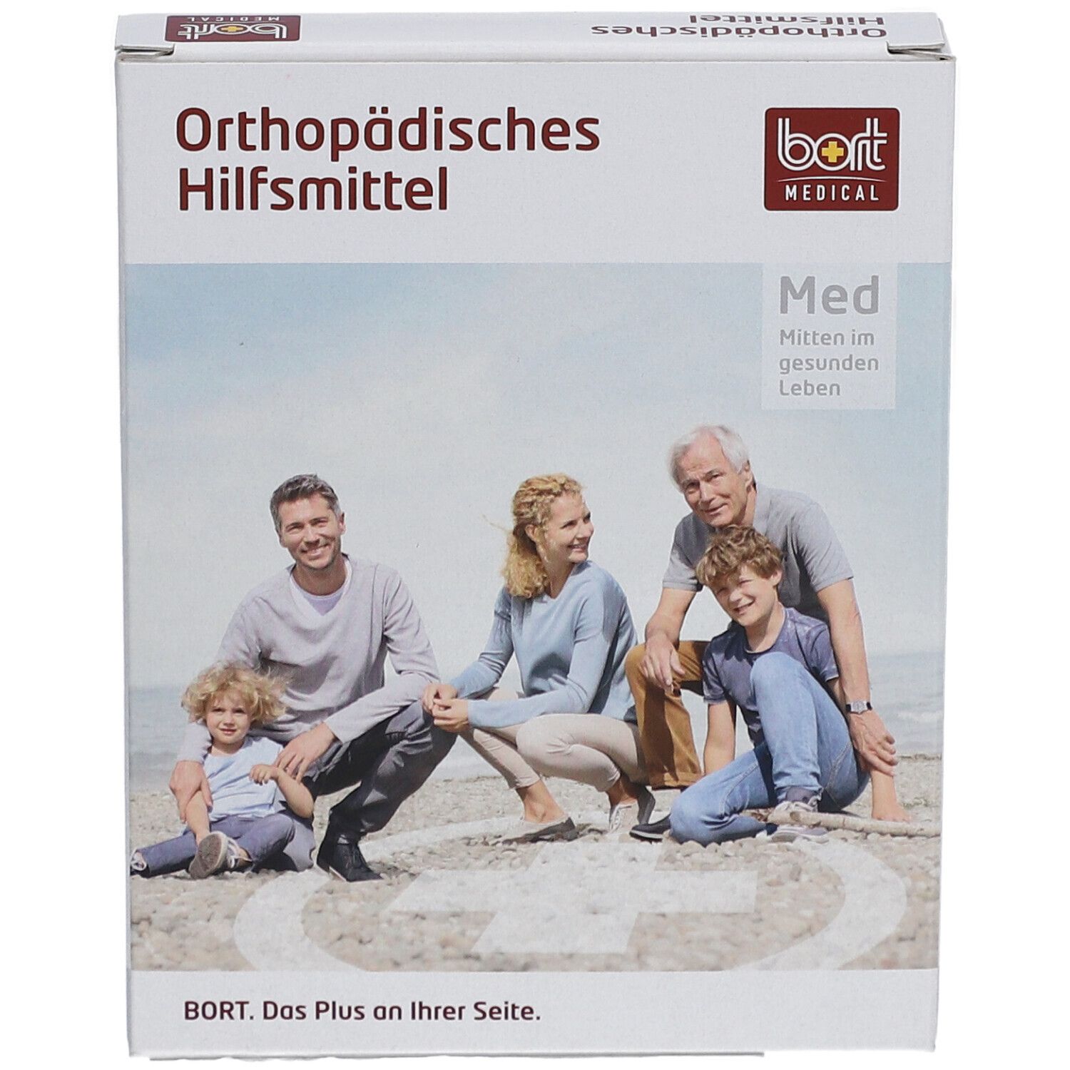 Verpackung "Orthopädisches Hilfsmittel". BORT MEDICAL Logo. Familie am Strand.