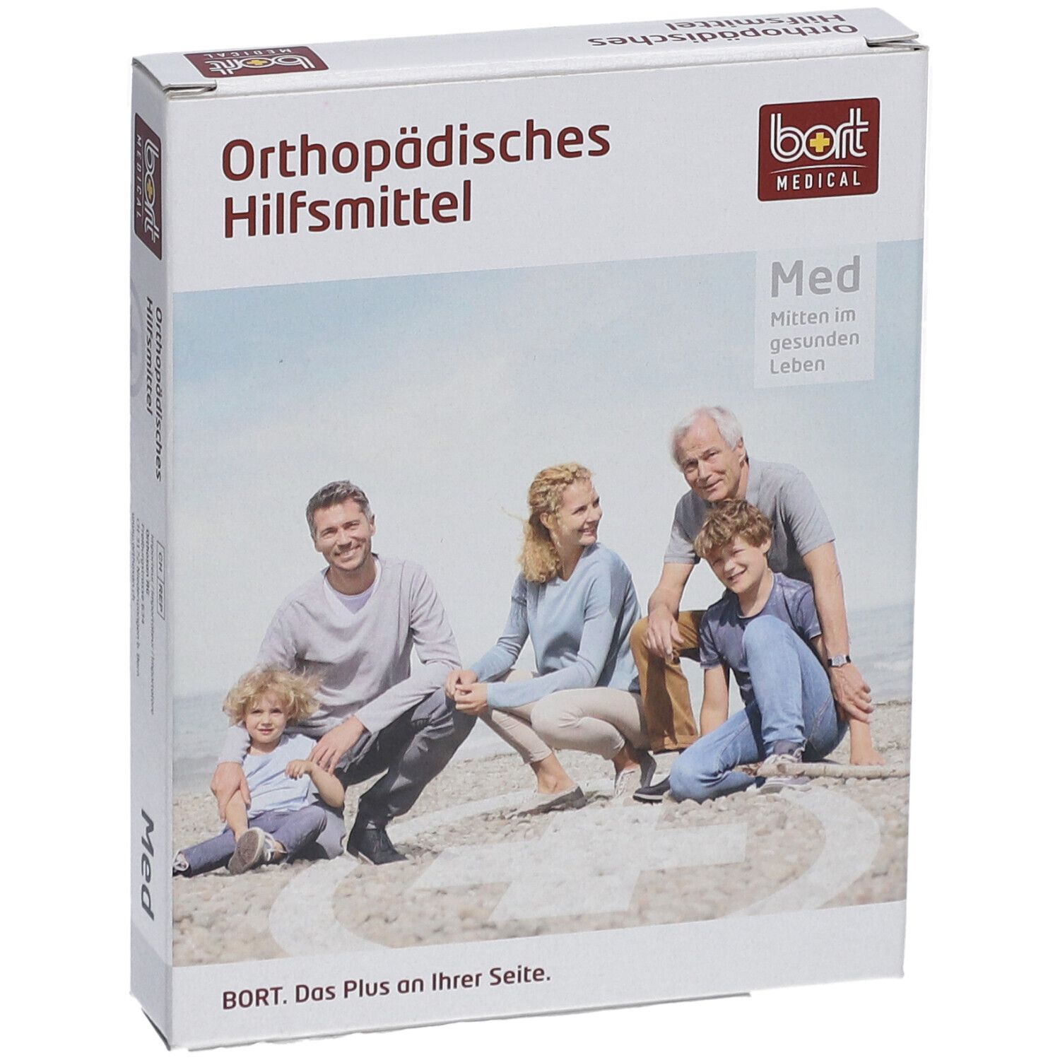 Verpackung "Orthopädisches Hilfsmittel". BORT MEDICAL Logo. Familie am Strand.