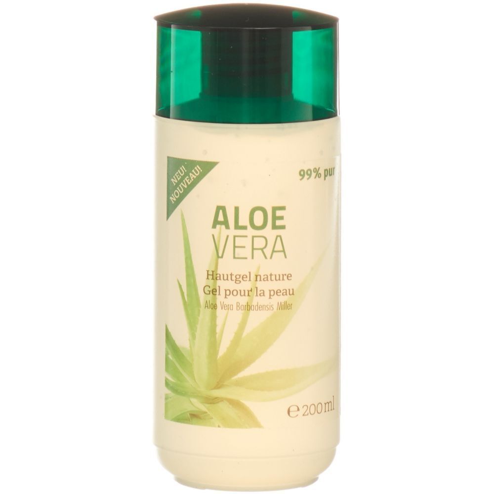Flacon beige à bouchon vert. Inscription: Aloe Vera, Hautgel nature, 99% pur. Avec plante d'Aloe Vera.