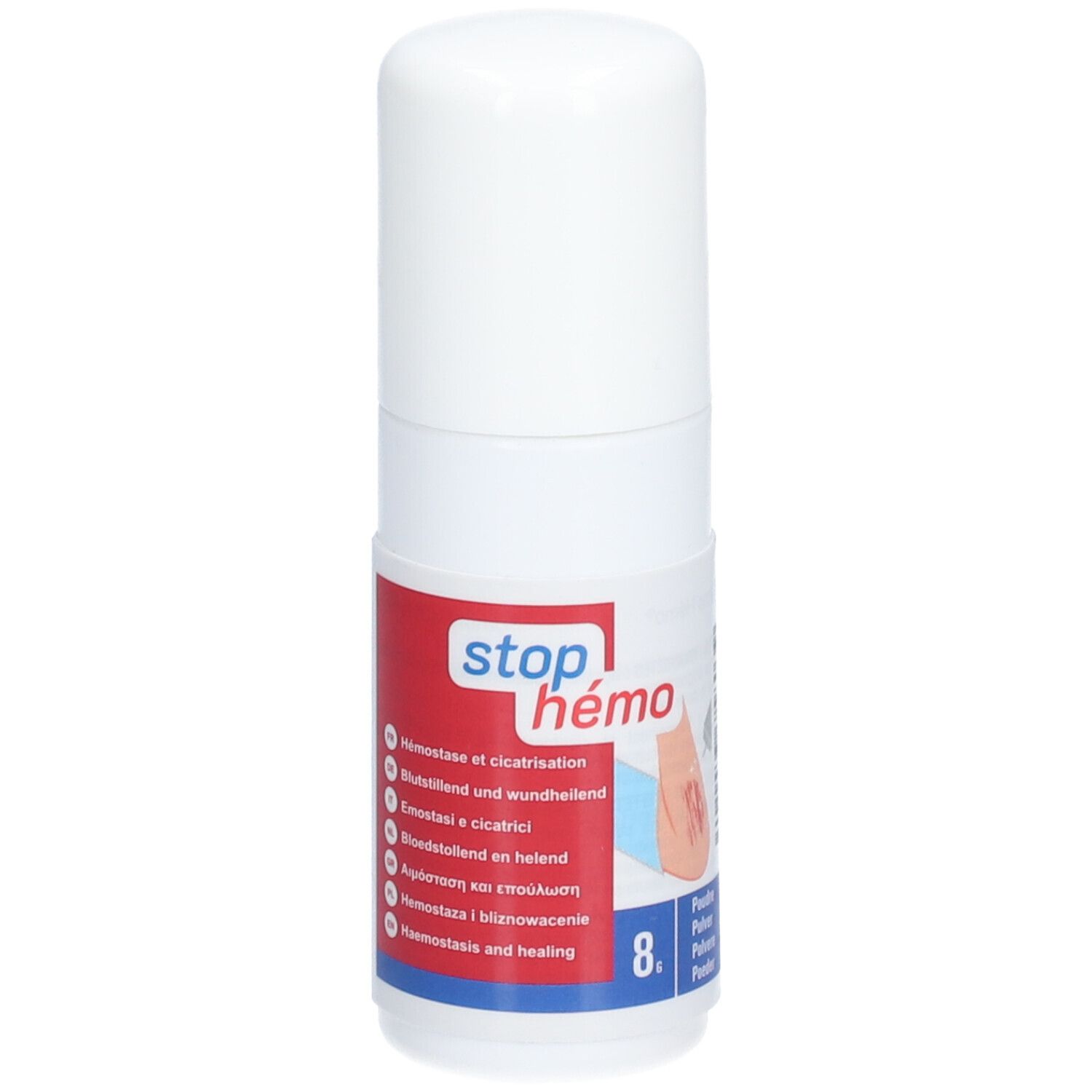 Weiße zylindrische Dose mit rotem und blauem Etikett. Aufschrift: stop hémo. Text in mehreren Sprachen. 8.
