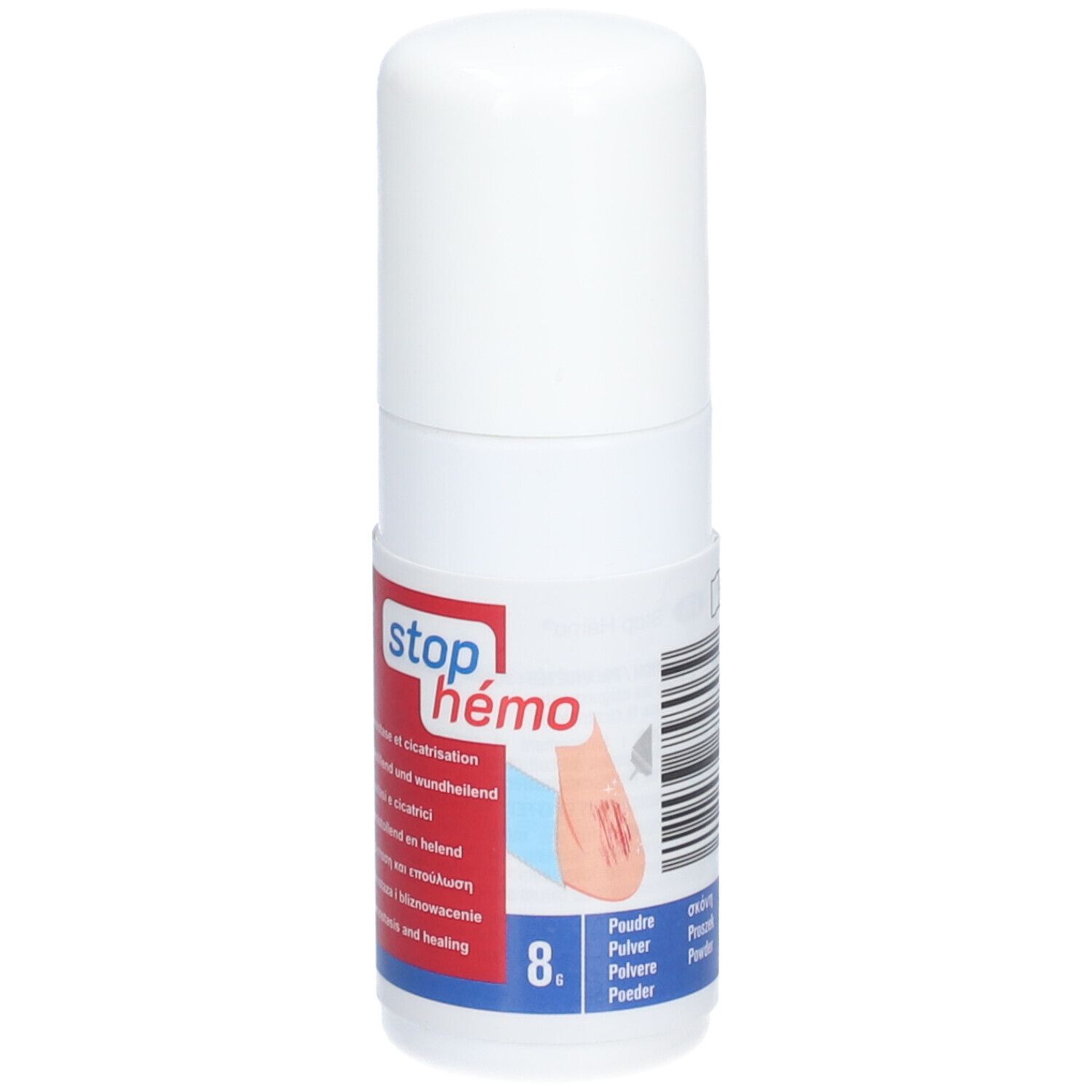 Weiße zylindrische Dose mit rotem und blauem Etikett. Aufschrift: stop hémo. Text in mehreren Sprachen. 8.