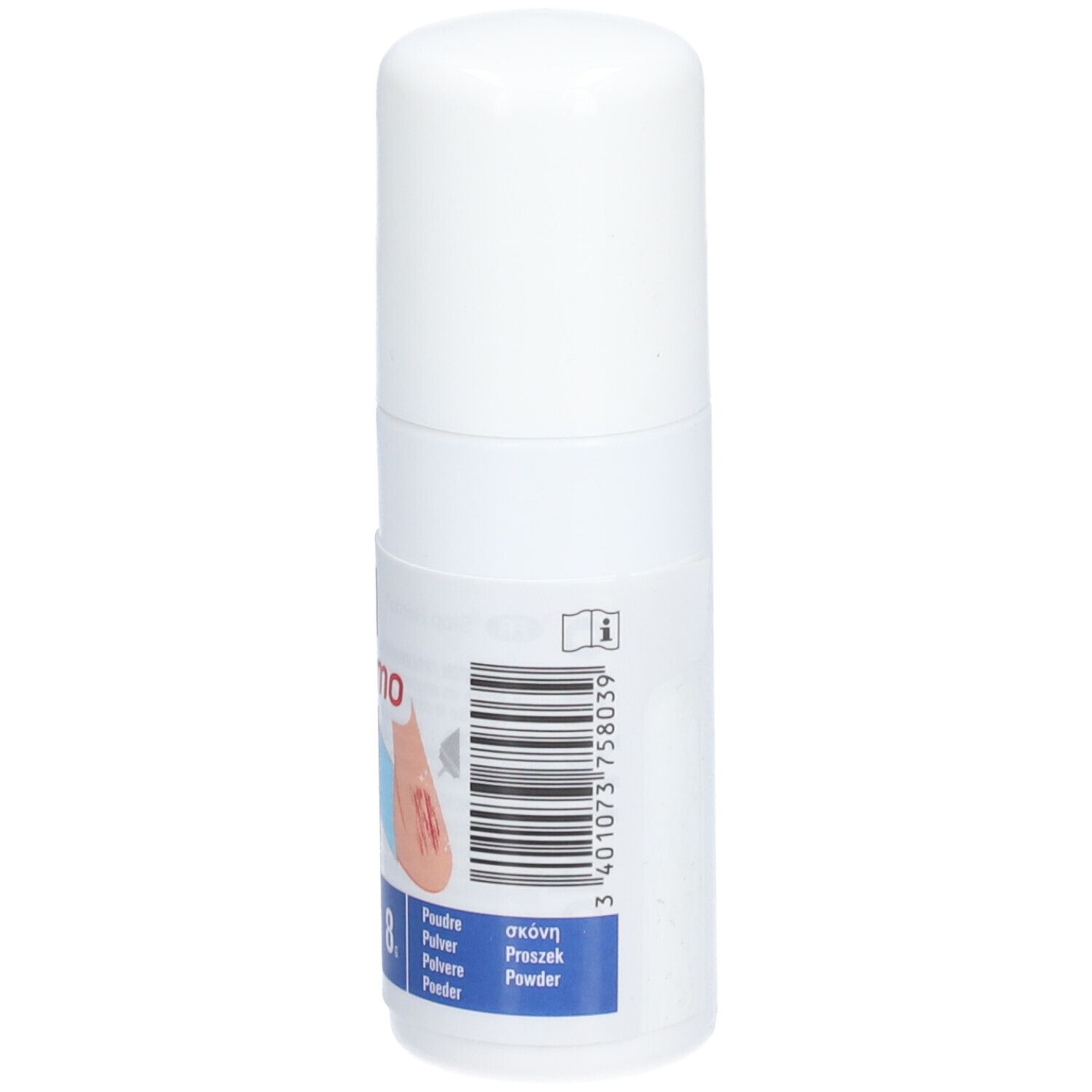 Weiße zylindrische Dose mit rotem und blauem Etikett. Aufschrift: stop hémo. Text in mehreren Sprachen. Barcode.