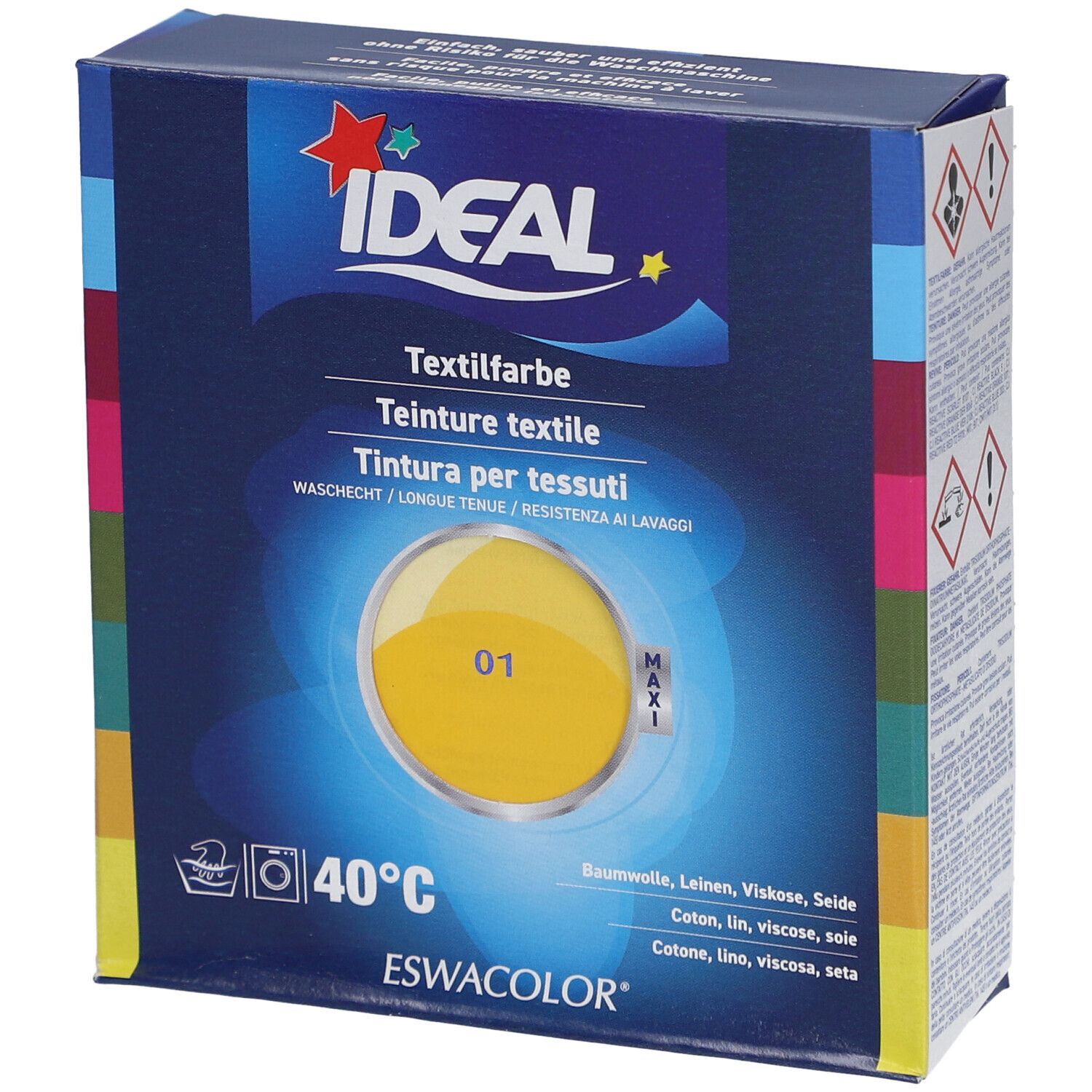 Ideal Textilfarbe, gelb, in Kartonverpackung. Aufdrucke: Ideal, Textilfarbe, 01, 40°C, ESWACOLOR.