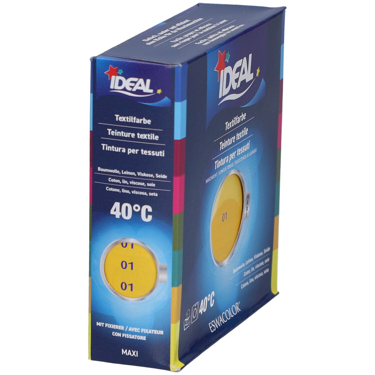 Kartonverpackung Ideal Textilfarbe, gelb. Aufdrucke: Ideal, Textilfarbe, 01, 40°C, ESWACOLOR. Ansicht schräg.