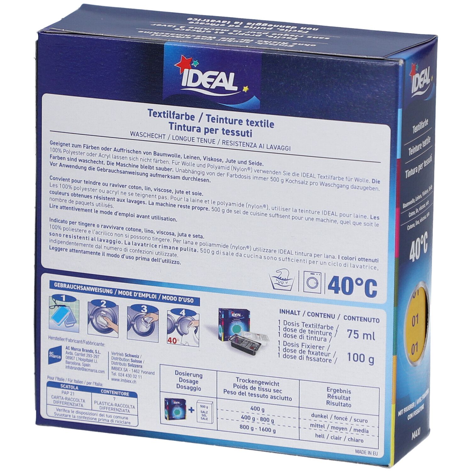 Rückseite der Ideal Textilfarbe-Verpackung. Text und Piktogramme. Enthält 75 ml Textilfarbe und 100 g Fixiermittel.