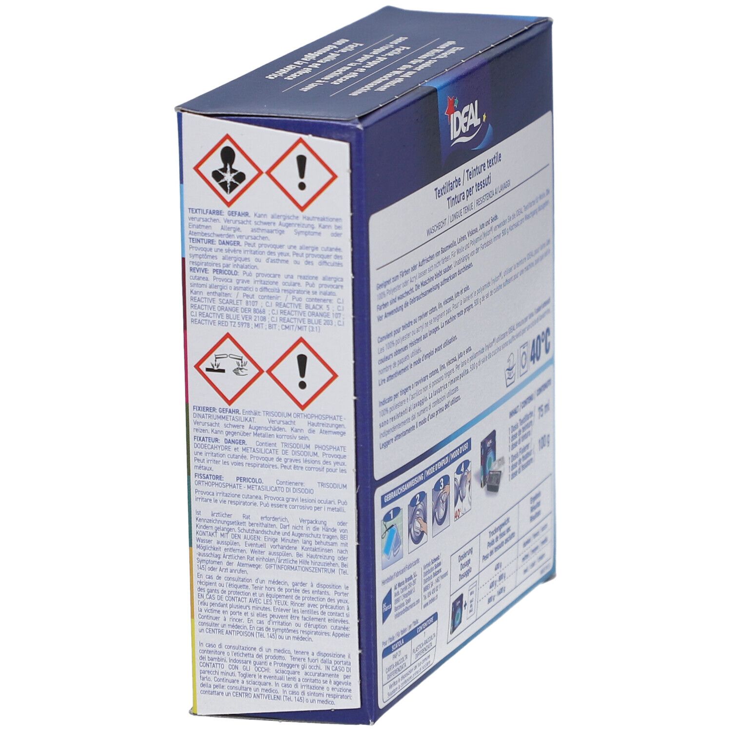 Seite der Ideal Textilfarbe-Verpackung. Warnhinweise und Piktogramme. Enthält Informationen zur Anwendung.