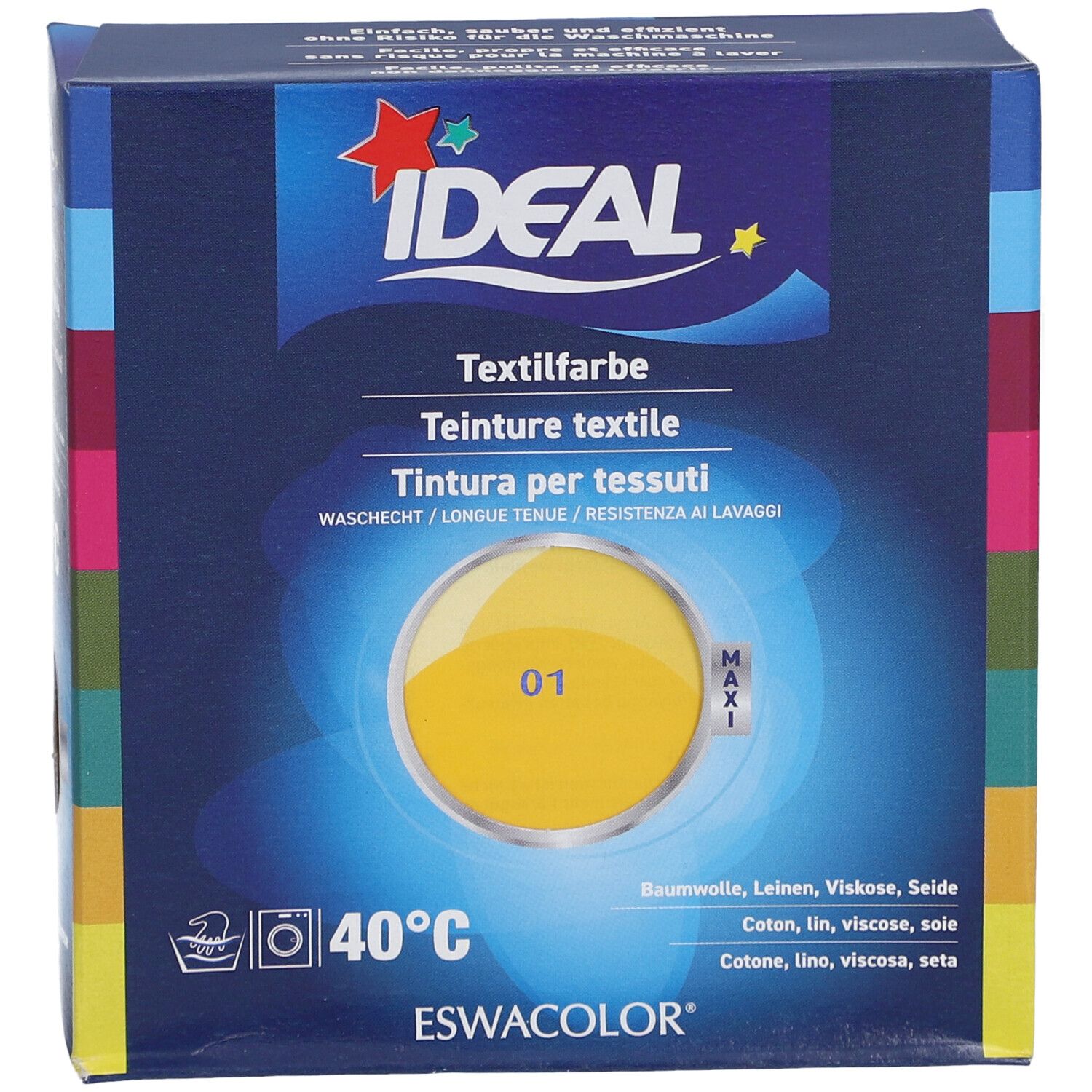 Ideal Textilfarbe, gelb, in Kartonverpackung. Aufdrucke: Ideal, Textilfarbe, 01, 40°C, ESWACOLOR.
