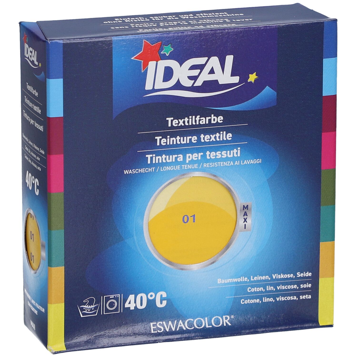 Ideal Textilfarbe, gelb, in Kartonverpackung. Aufdrucke: Ideal, Textilfarbe, 01, 40°C, ESWACOLOR.