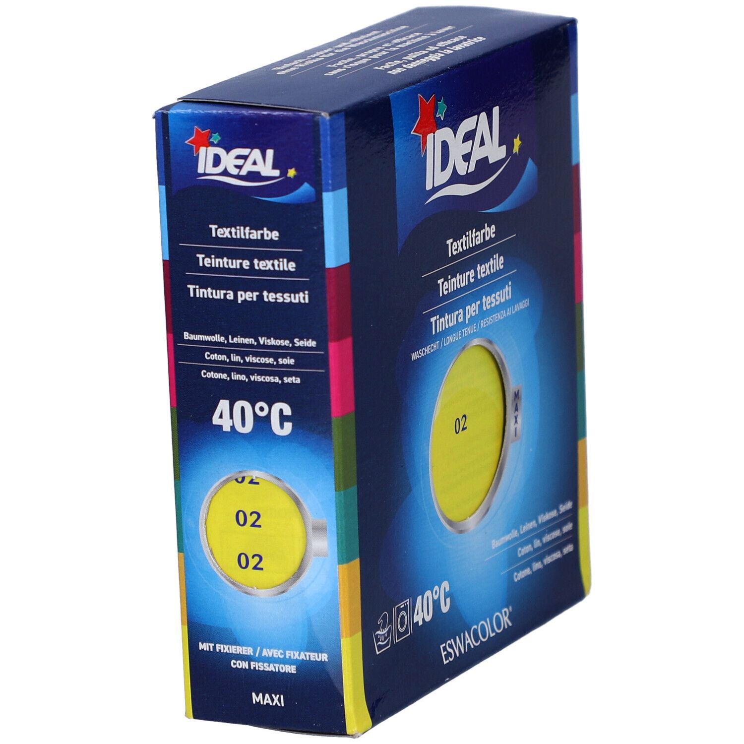 Ideal Textilfarbe, gelb, Nr. 02, in Kartonverpackung. Waschbeständig. Für Baumwolle, Leinen, Viskose, Seide. Marke Ideal.