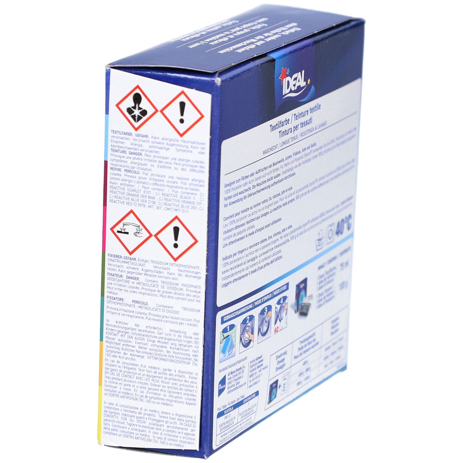 Seite der Ideal Textilfarbe-Verpackung mit Warnhinweisen. Waschbeständig. Marke Ideal.