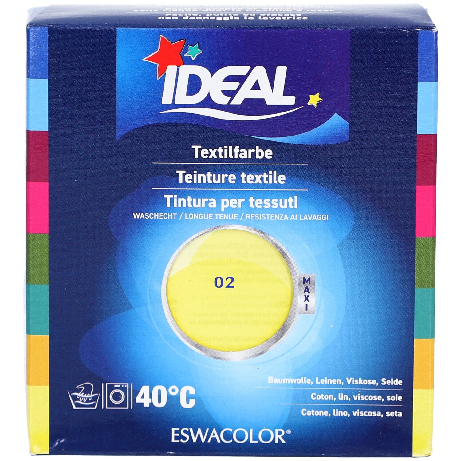 Ideal Textilfarbe, gelb, Nr. 02, in Kartonverpackung. Waschbeständig. Für Baumwolle, Leinen, Viskose, Seide. Marke Ideal.