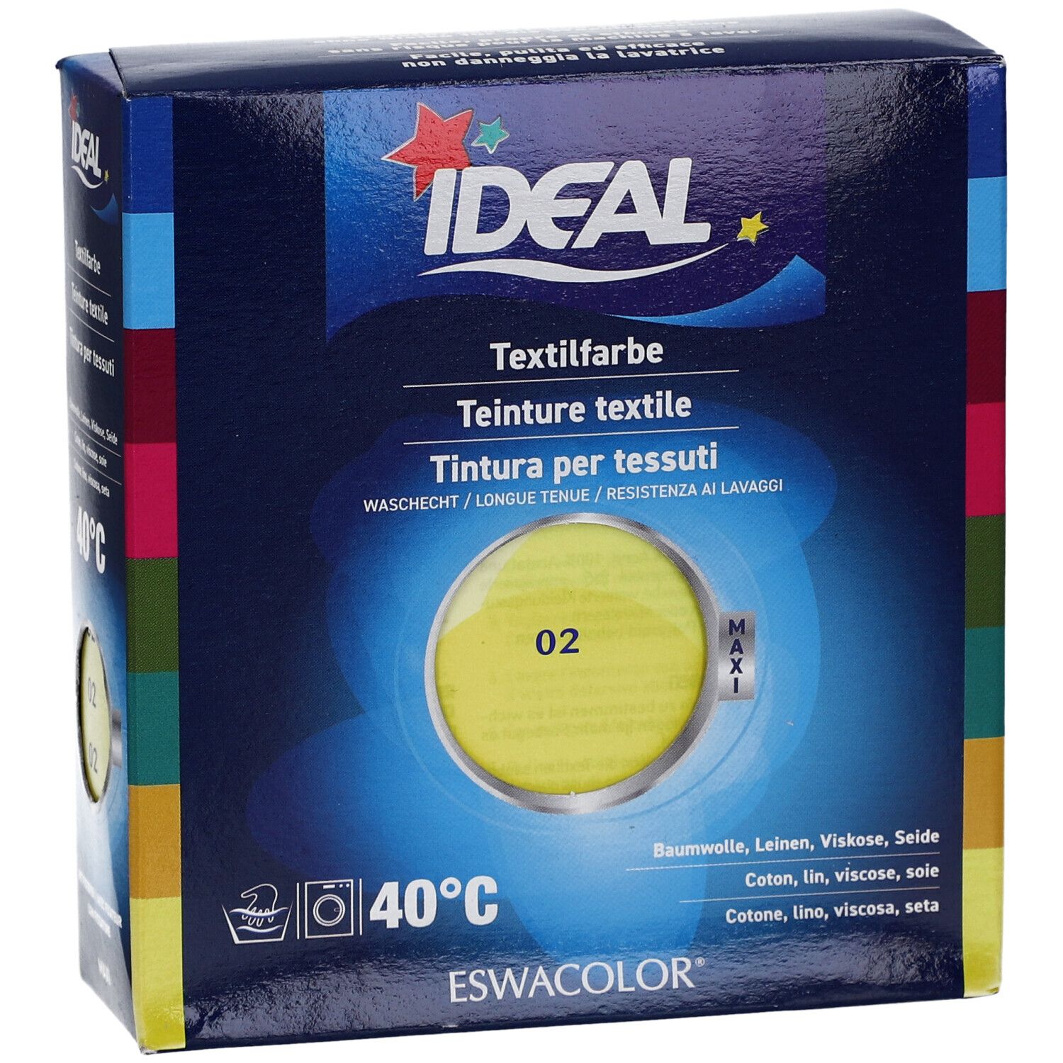 Ideal Textilfarbe, gelb, Nr. 02, in Kartonverpackung. Waschbeständig. Für Baumwolle, Leinen, Viskose, Seide. Marke Ideal.