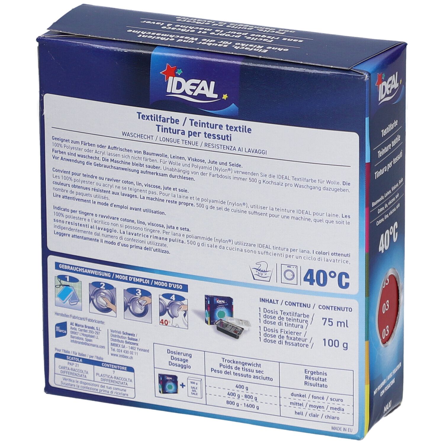 Rückseite der IDEAL Textilfarbe-Verpackung. Enthält Informationen zur Anwendung und Inhaltsstoffe. Waschbar bis 40°C.