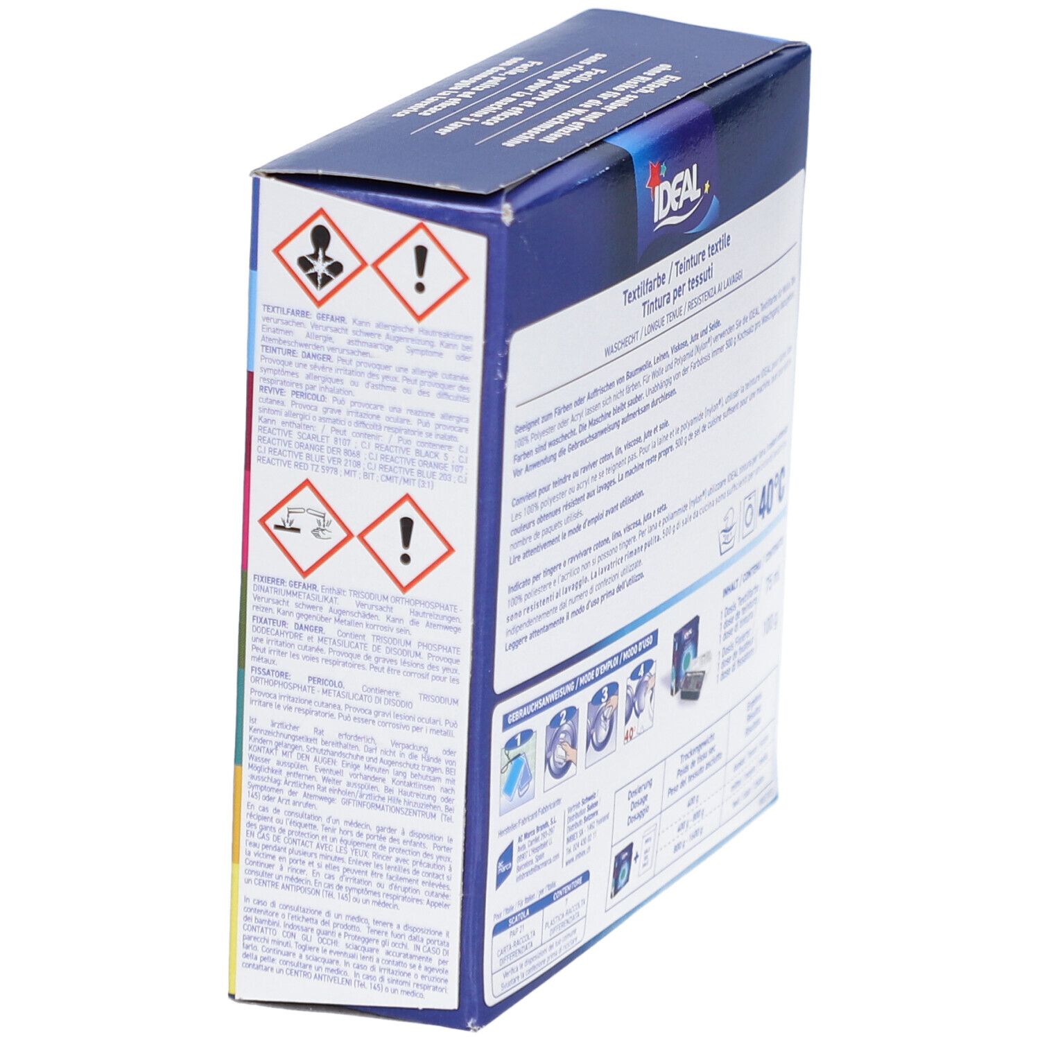 Seitenansicht der IDEAL Textilfarbe-Verpackung. Warnhinweise und Produktinformationen. Waschbar bis 40°C.