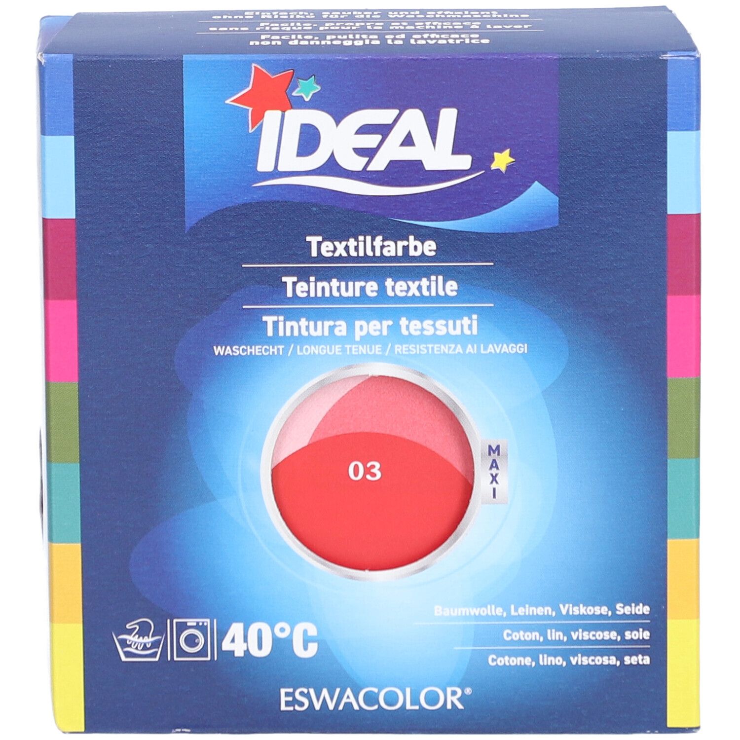 IDEAL Textilfarbe, Knallrot 03, in einer Schachtel. Waschbar bis 40°C. Enthält Maxi-Packung.