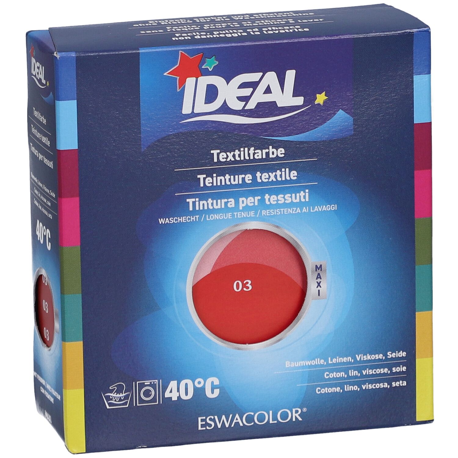 IDEAL Textilfarbe, Knallrot 03, in einer Schachtel. Waschbar bis 40°C. Enthält Maxi-Packung.