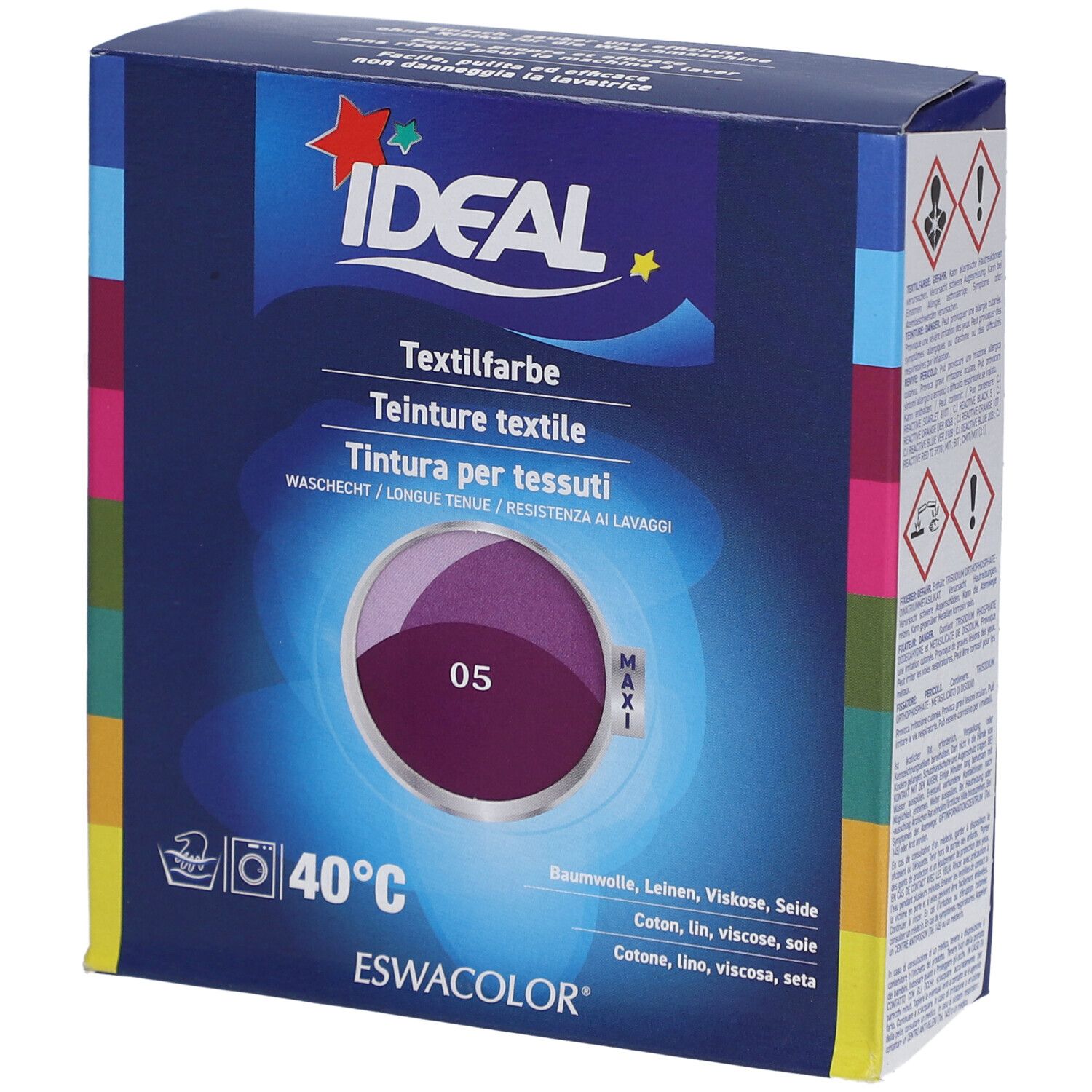 Teinture textile IDEAL, 05 Violet, en boîte. Cercle de couleur. Lavage 40°C. Nom du produit et marque visibles.