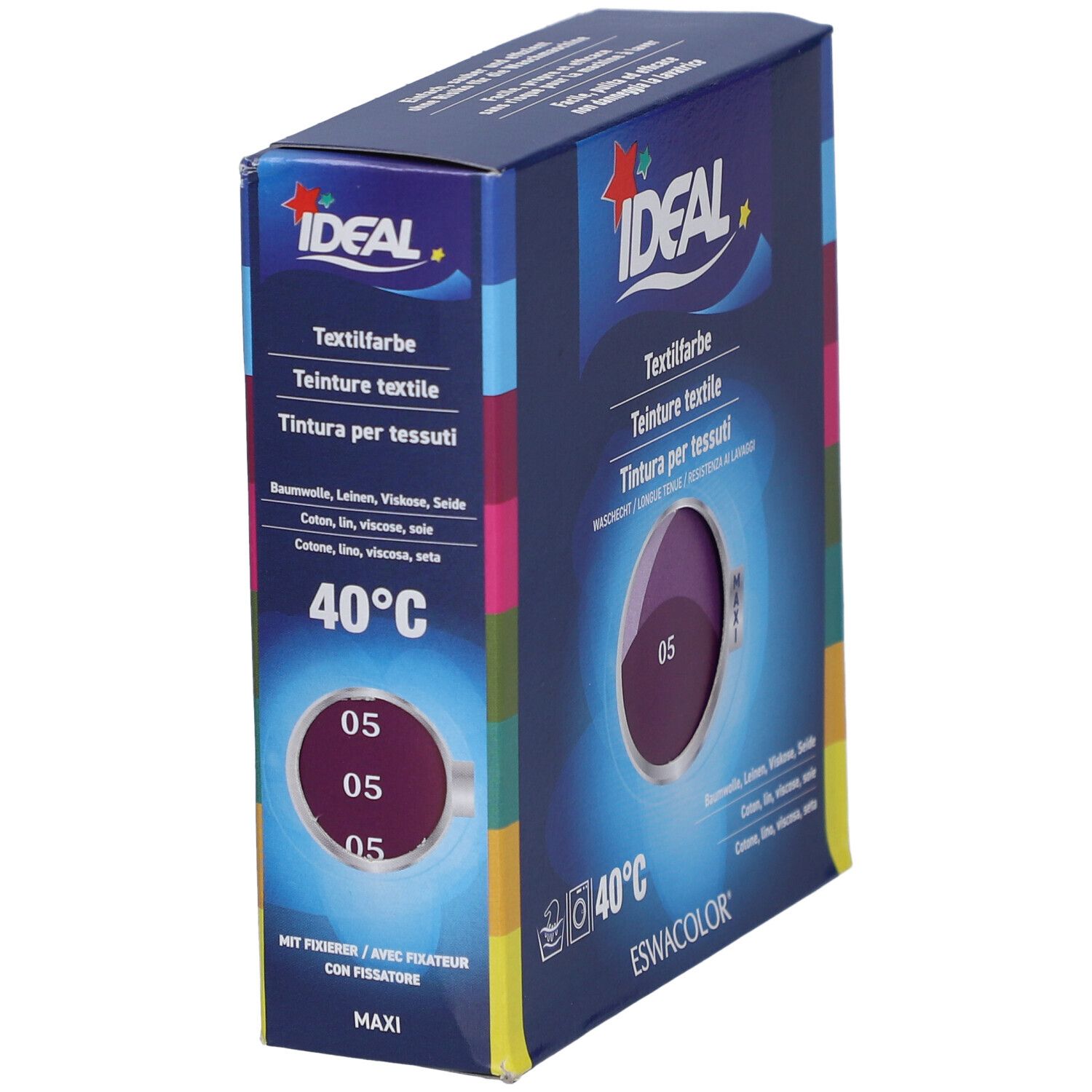 Teinture textile IDEAL, 05 Violet, en boîte. Cercle de couleur. Lavage 40°C. Nom du produit et marque visibles.