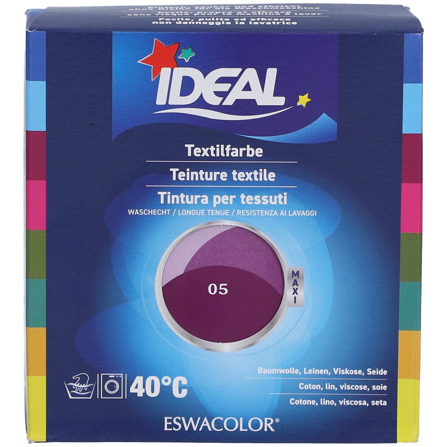 Teinture textile IDEAL, 05 Violet, en boîte. Cercle de couleur. Lavage 40°C. Nom du produit et marque visibles.