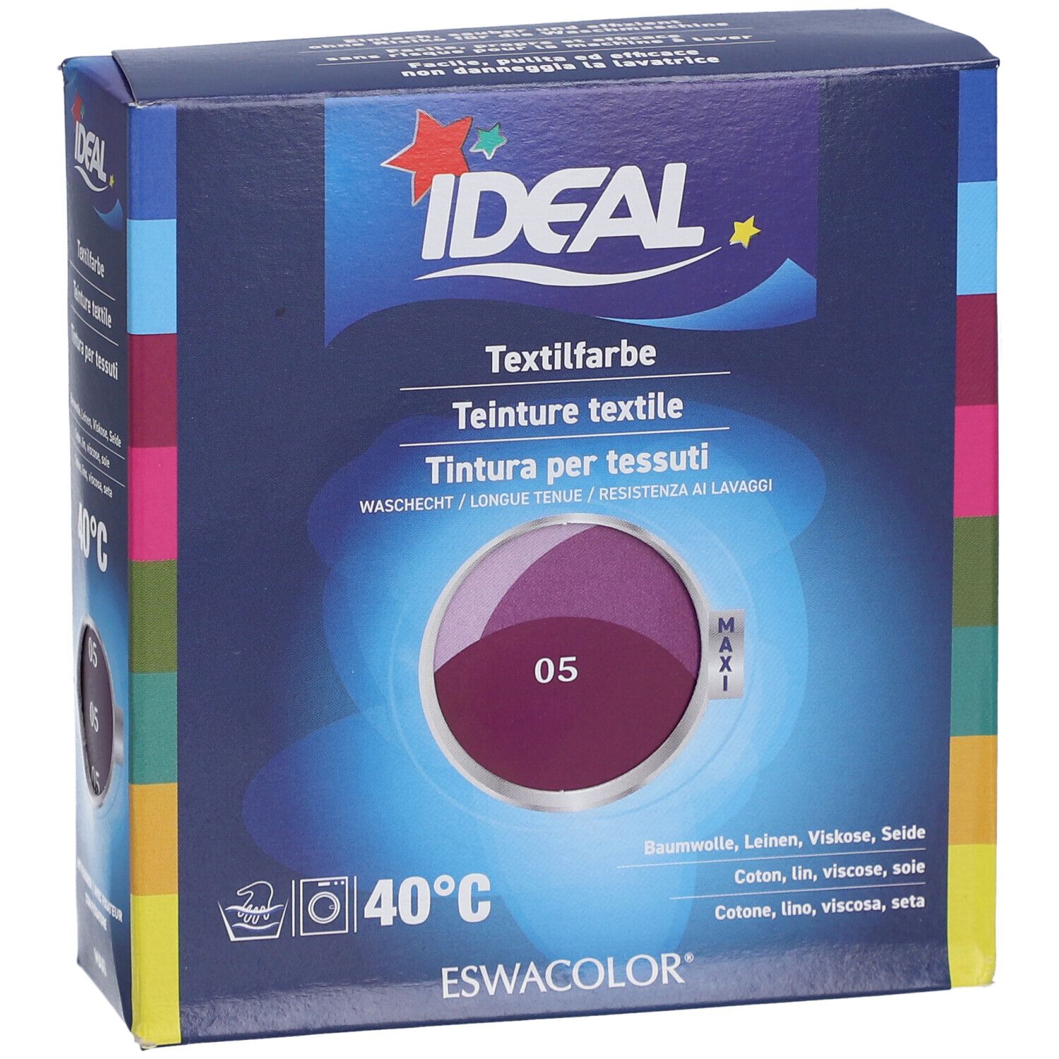 Teinture textile IDEAL, 05 Violet, en boîte. Cercle de couleur. Lavage 40°C. Nom du produit et marque visibles.