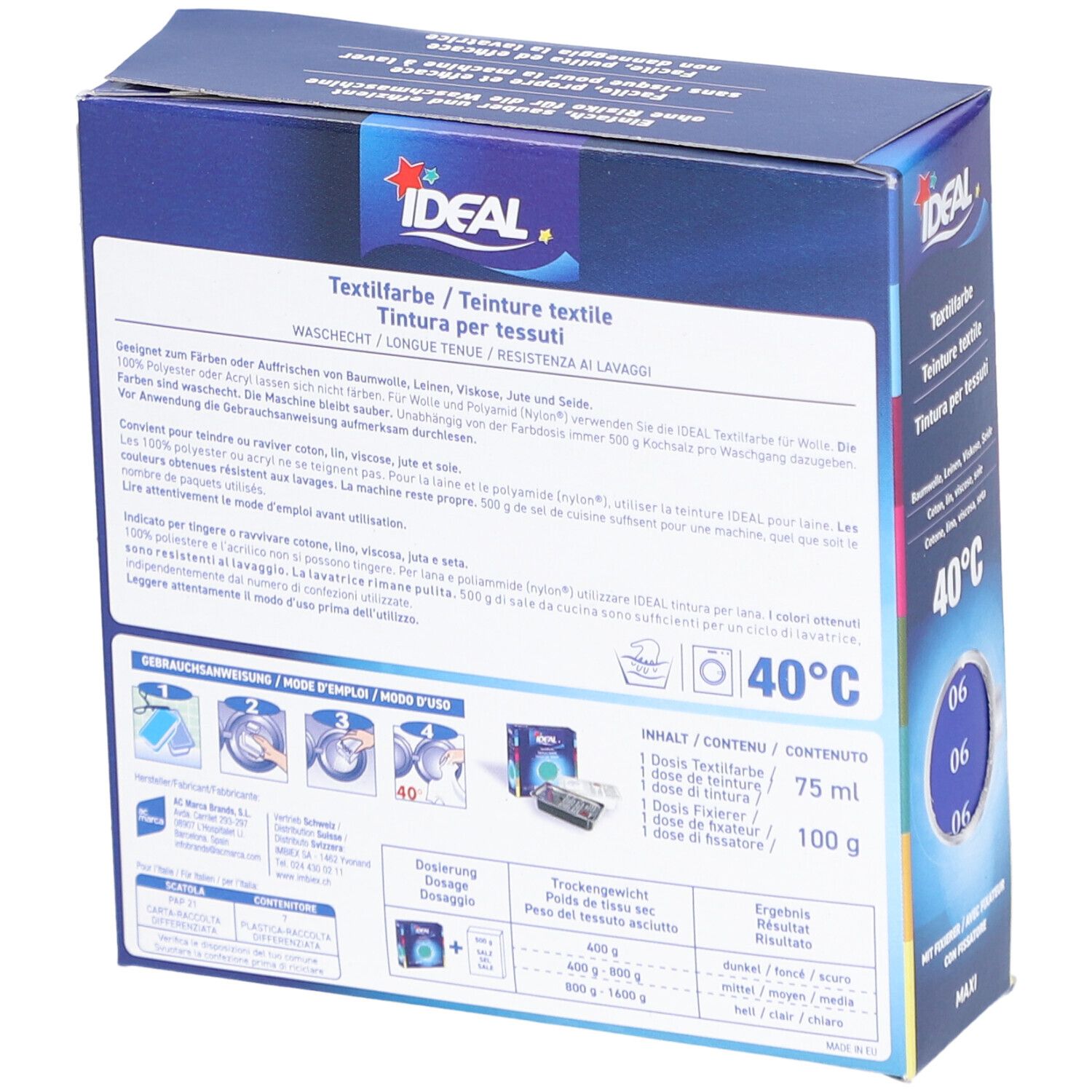 Rückseite der IDEAL Textilfarbe-Verpackung. Enthält Informationen zur Anwendung und Inhaltsstoffe.