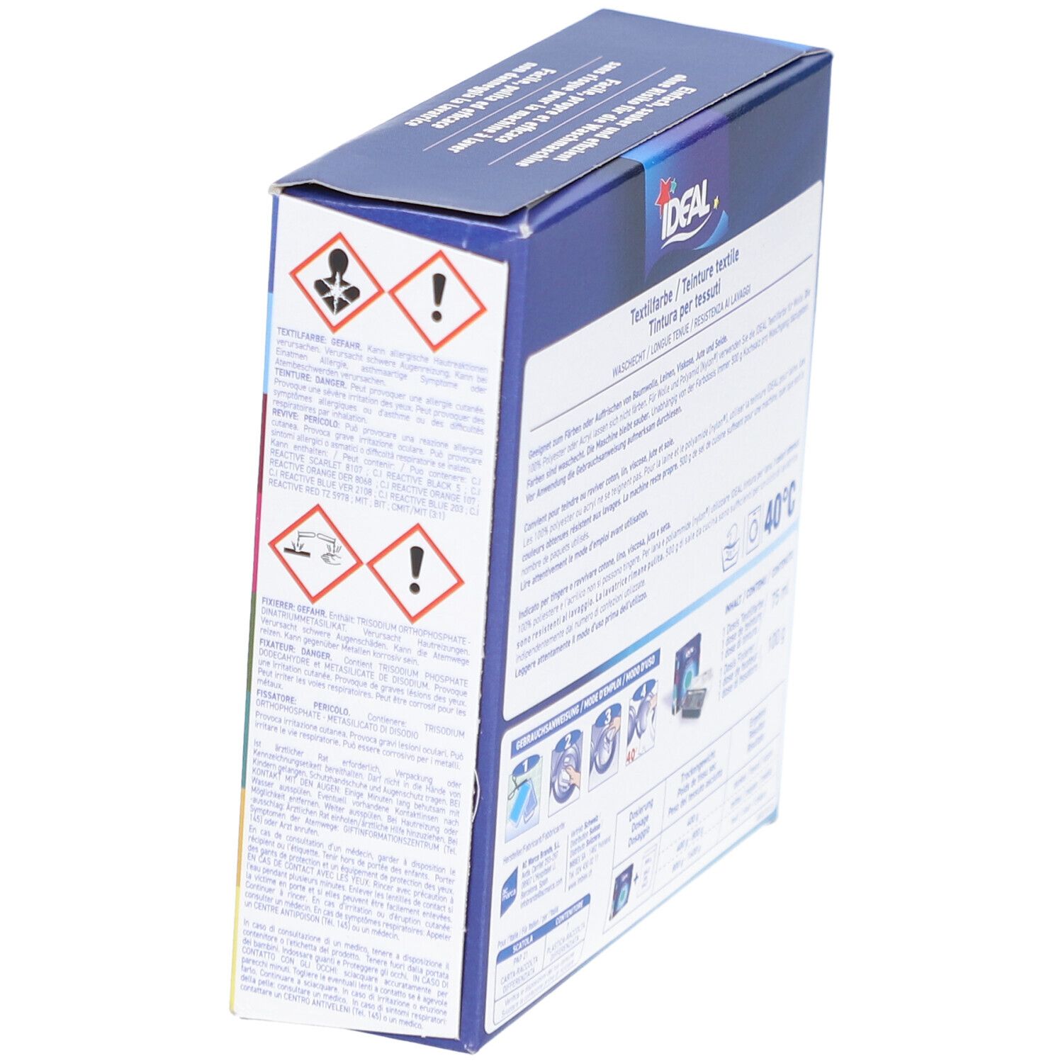 Seitenansicht der IDEAL Textilfarbe-Verpackung. Warnhinweise und Informationen zur Anwendung.