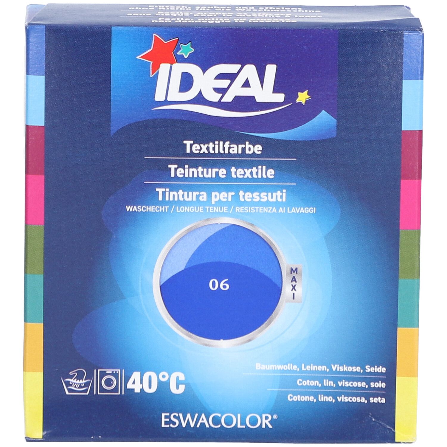 IDEAL Textilfarbe, Königsblau 06, in Kartonverpackung. Waschbar bei 40°C. Vorderansicht.