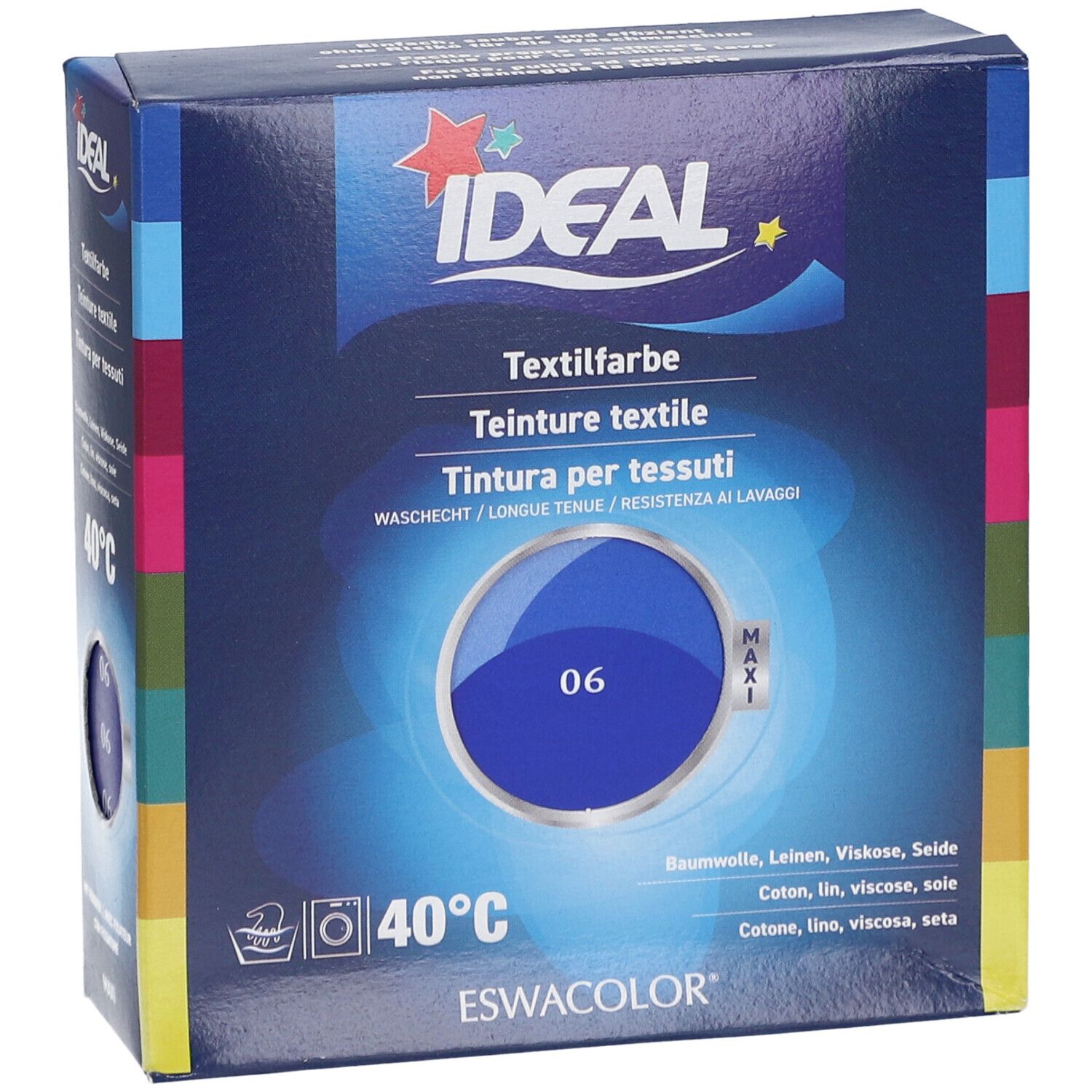 IDEAL Textilfarbe, Königsblau 06, in Kartonverpackung. Waschbar bei 40°C. Produktansicht.