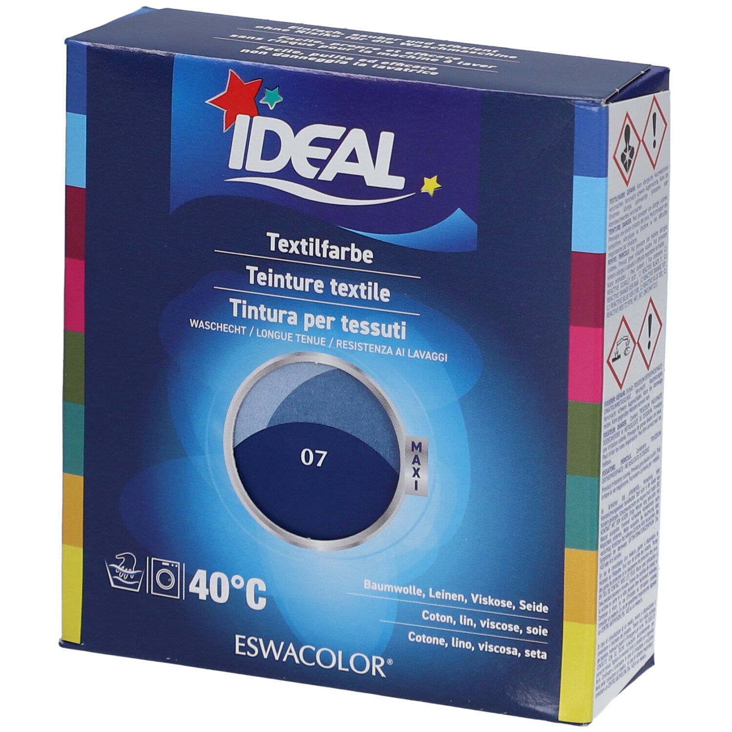 IDEAL Textilfarbe, Marineblau 07, in Kartonverpackung. Waschbar bei 40°C. Enthält Baumwolle, Leinen, Viskose, Seide.