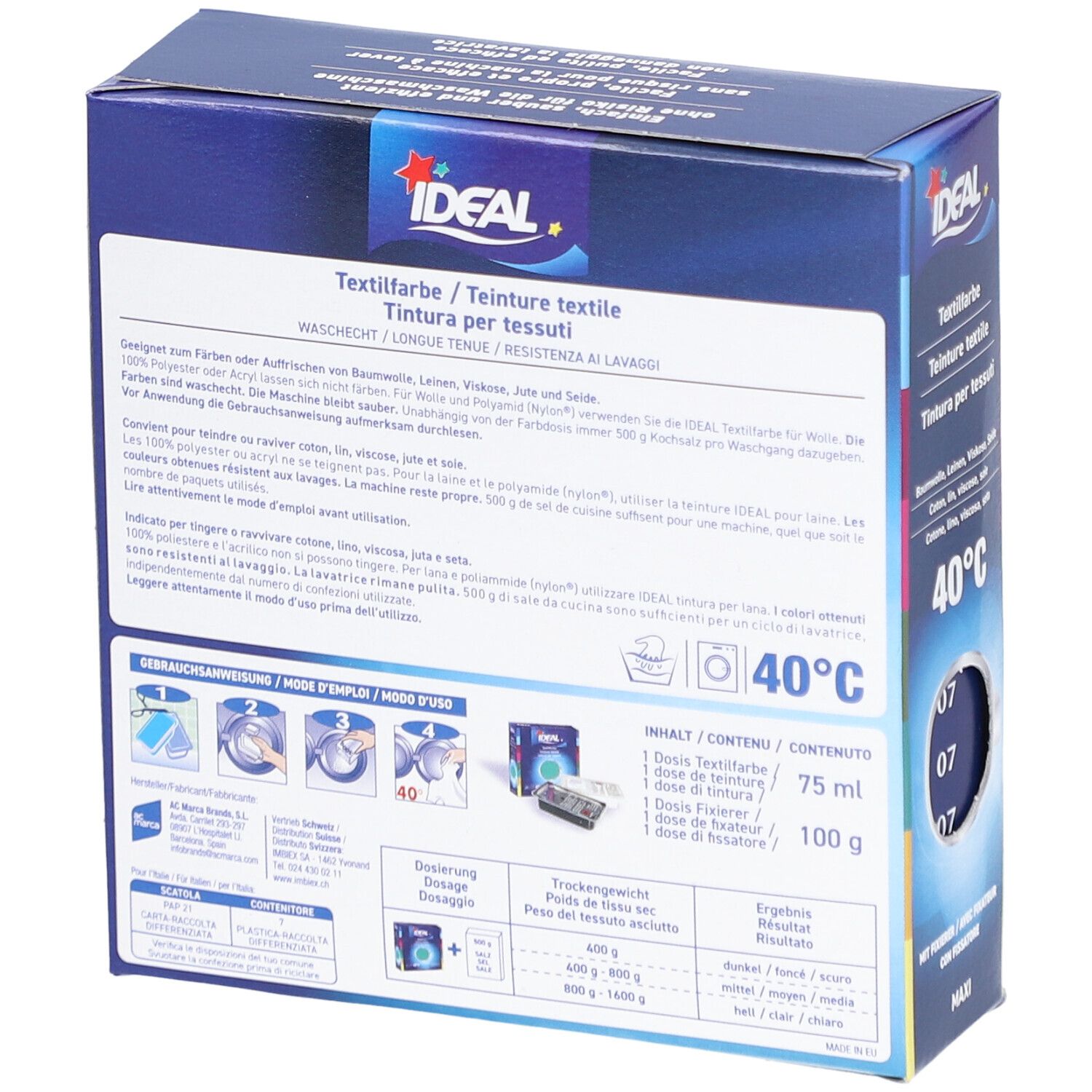 Rückseite der IDEAL Textilfarbe-Verpackung. Enthält Informationen zu Inhaltsstoffen, Anwendung und Waschhinweisen.