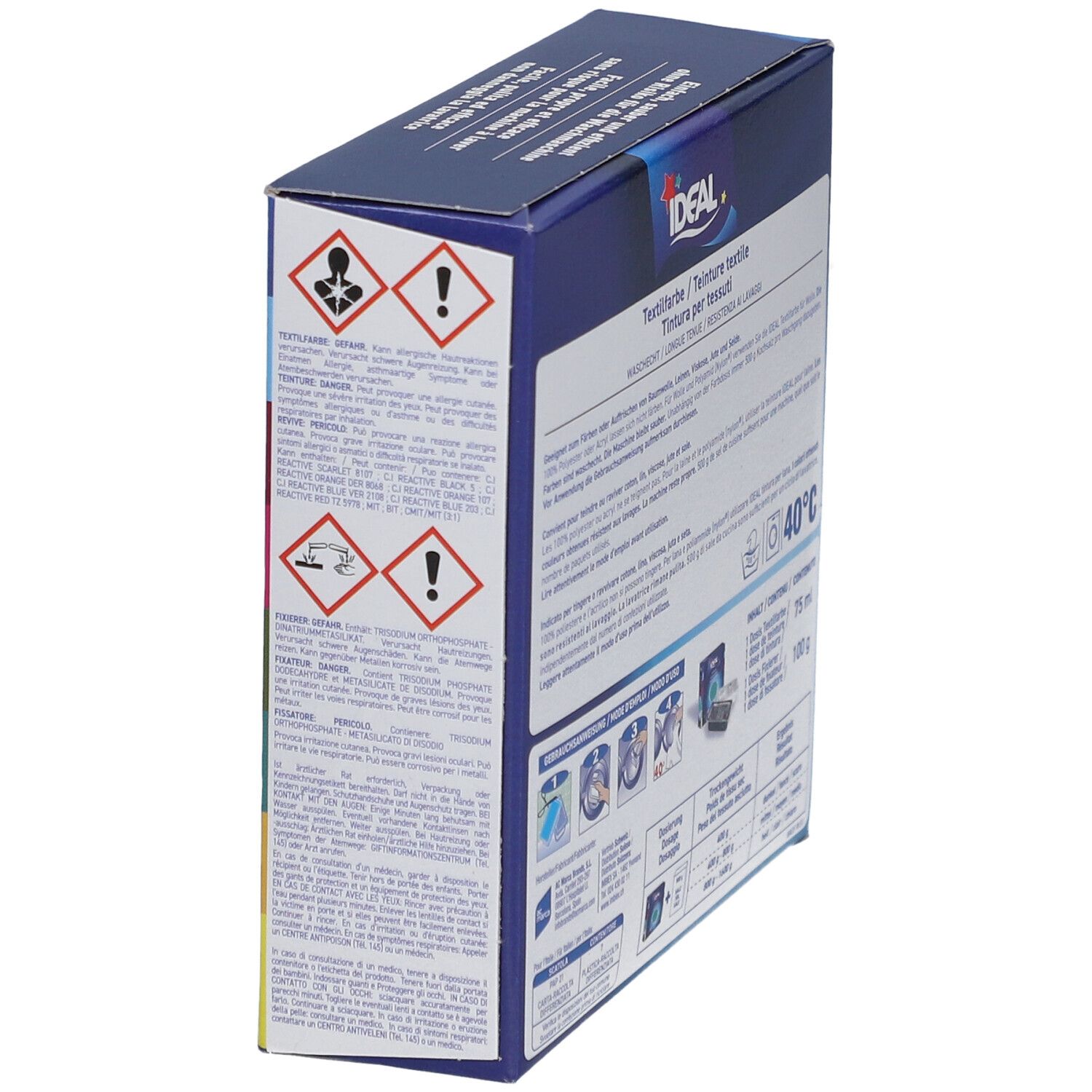 Verpackung der IDEAL Textilfarbe mit Warnhinweisen und Piktogrammen. Enthält Informationen zur Sicherheit.