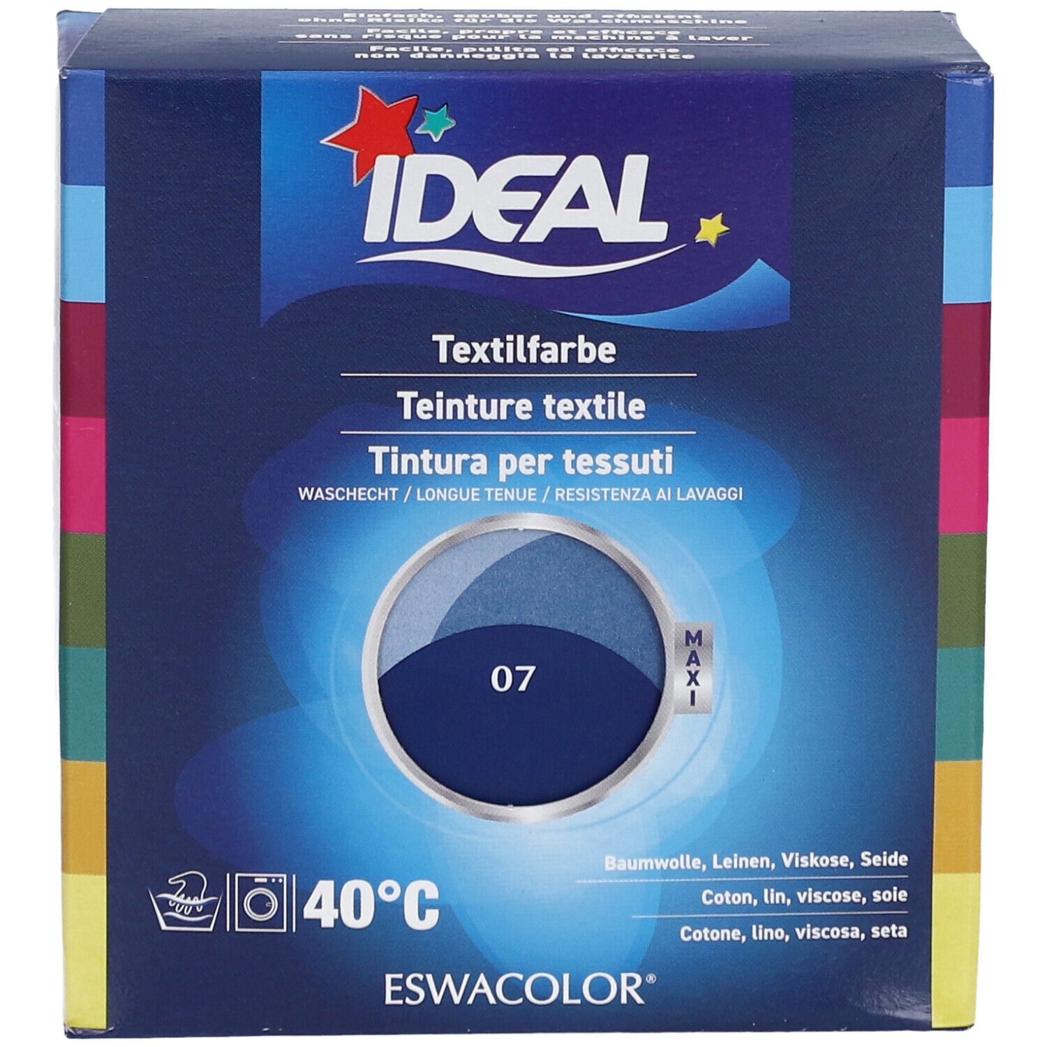 IDEAL Textilfarbe, Marineblau 07, in Kartonverpackung. Waschbar bei 40°C. Produktansicht von vorne.
