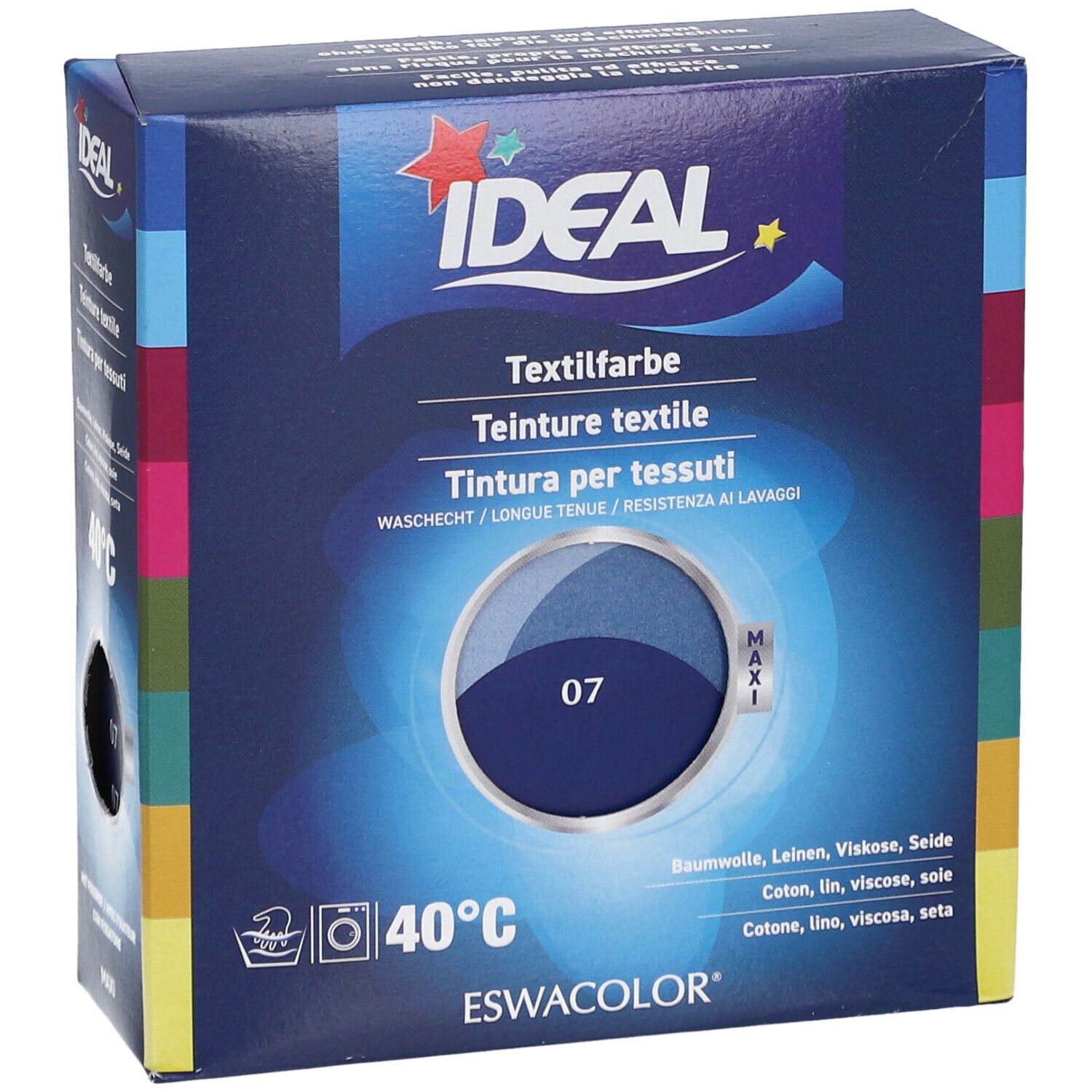 IDEAL Textilfarbe, Marineblau 07, in Kartonverpackung. Waschbar bei 40°C. Produktansicht von vorne.