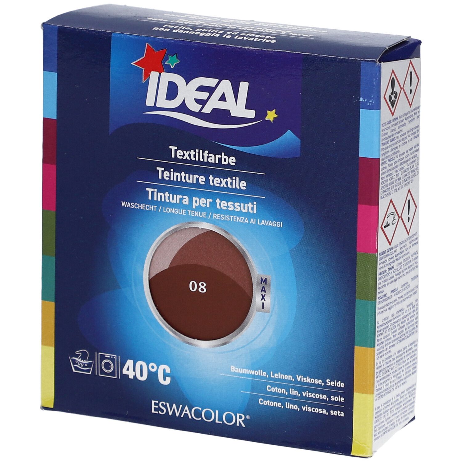 IDEAL Textilfarbe, 08 Rotbraun, in Kartonverpackung. Waschbeständig, für Baumwolle, Leinen, Viskose, Seide. Mit Maxi-Logo.
