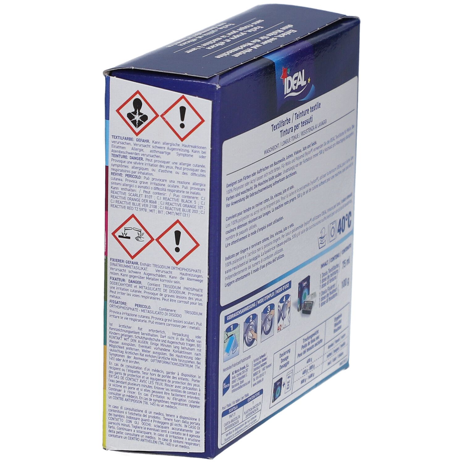 Seite der IDEAL Textilfarbe-Verpackung. Warnhinweise und Piktogramme. Waschbeständig, 40°C. Enthält Informationen zur Sicherheit.