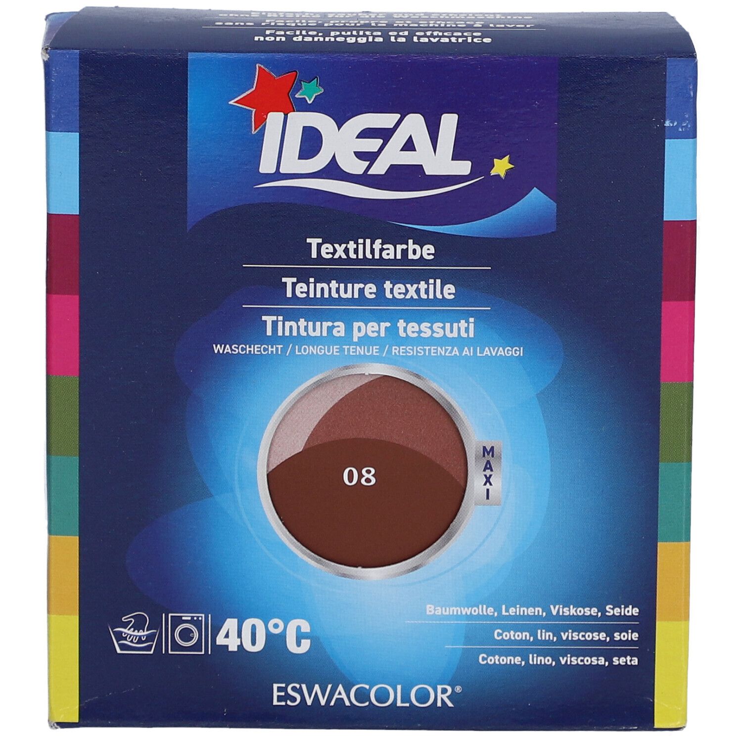 IDEAL Textilfarbe, 08 Rotbraun, in Kartonverpackung. Waschbeständig, für Baumwolle, Leinen, Viskose, Seide. Maxi-Logo.