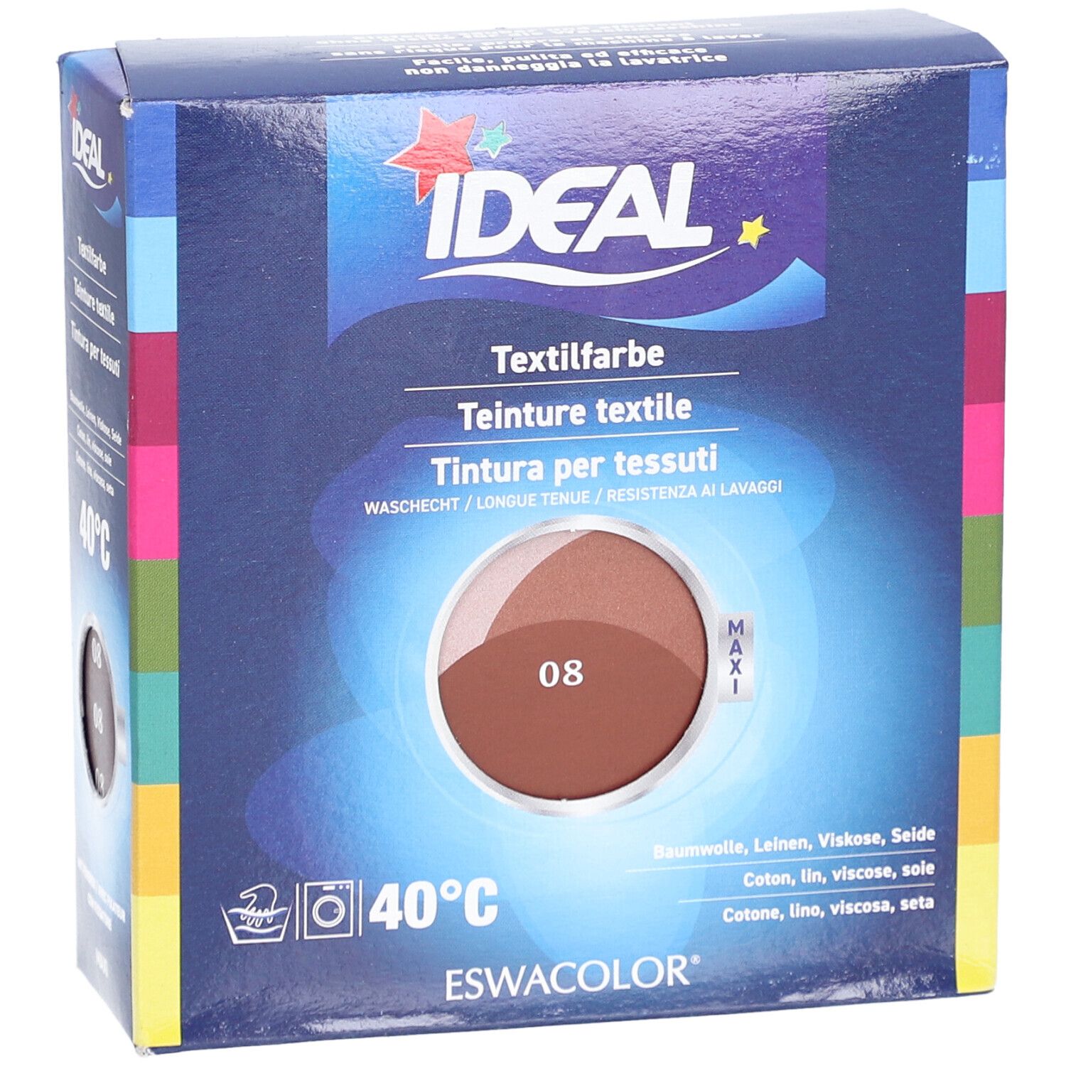 IDEAL Textilfarbe, 08 Rotbraun, in Kartonverpackung. Waschbeständig, für Baumwolle, Leinen, Viskose, Seide. Maxi-Logo.