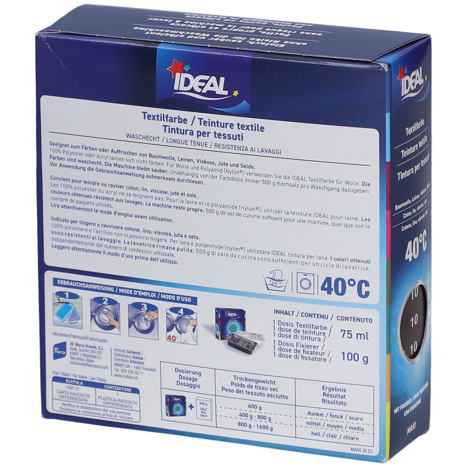 Rückseite der Verpackung IDEAL Textilfarbe. Enthält Informationen zu Inhaltsstoffen, Anwendung und Waschhinweisen. Marke ESWACOLOR.