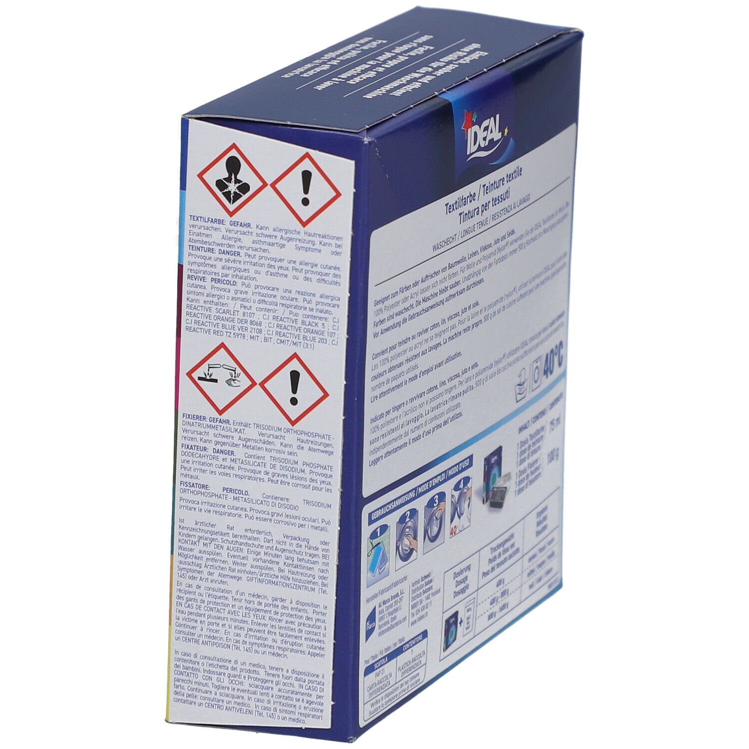 Schräg gestellte Rückseite der Verpackung IDEAL Textilfarbe. Warnhinweise und Anwendungshinweise. Marke ESWACOLOR.