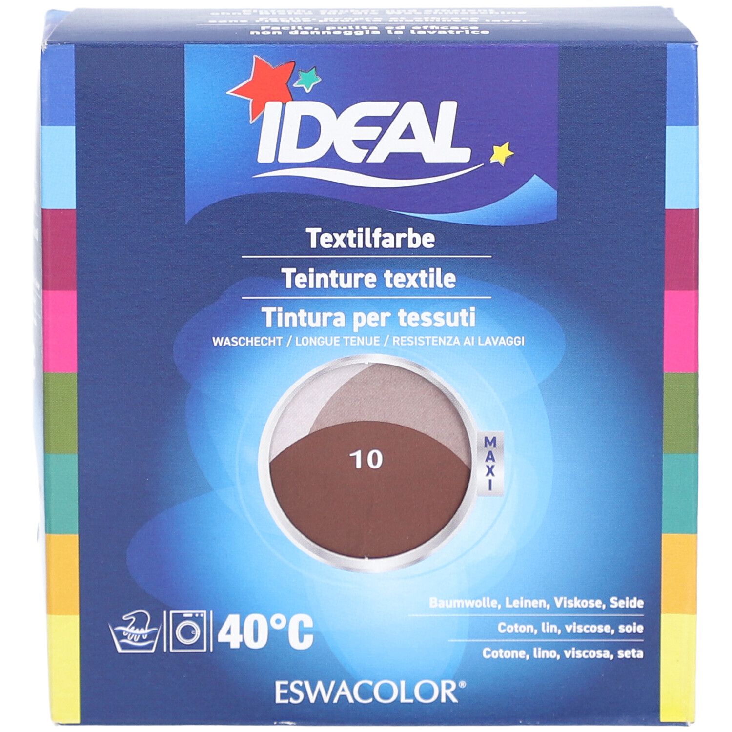 Verpackung IDEAL Textilfarbe, Farbton 10 Chocolate. Waschbar bei 40°C. Enthält Textilfarbe, Fixiermittel. Marke ESWACOLOR.