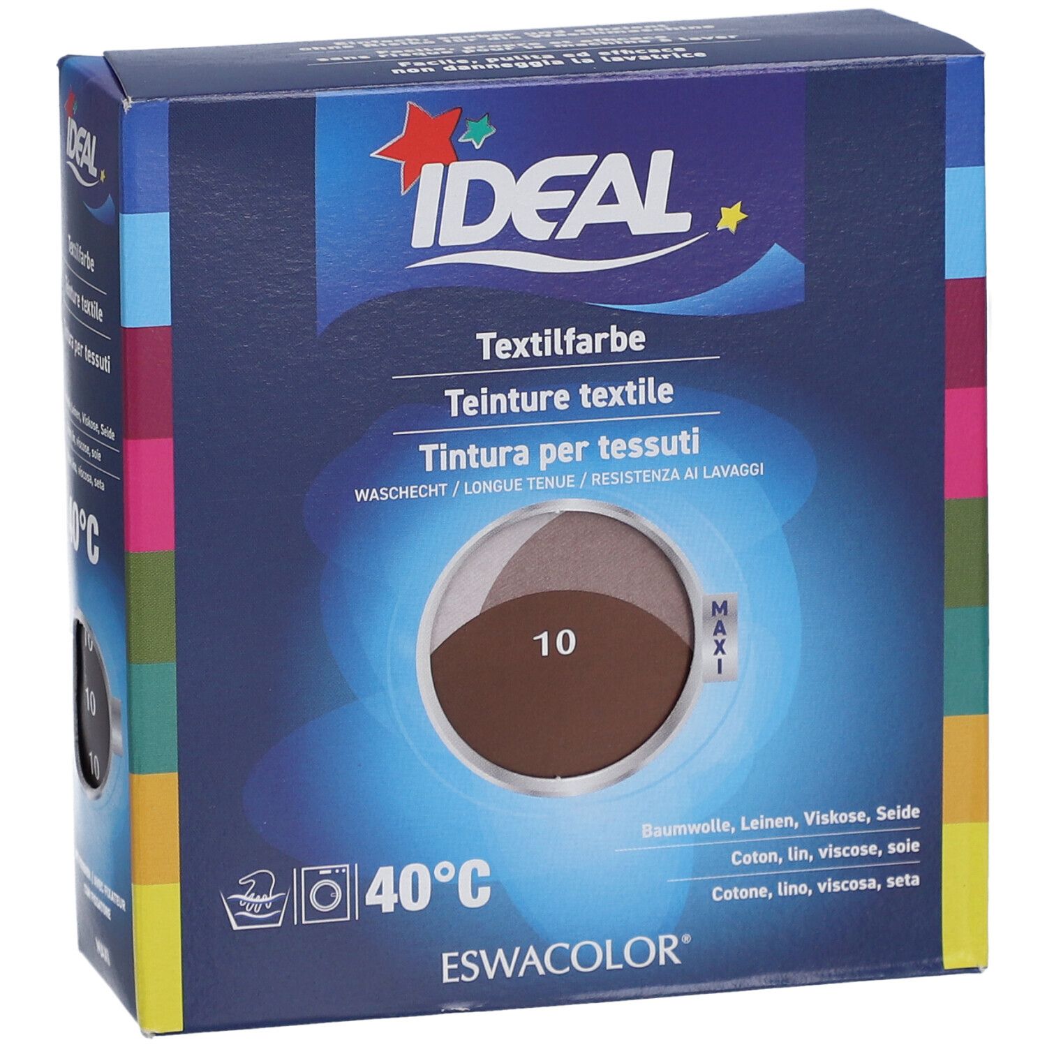 Verpackung IDEAL Textilfarbe, Farbton 10 Chocolate. Waschbar bei 40°C. Marke ESWACOLOR.